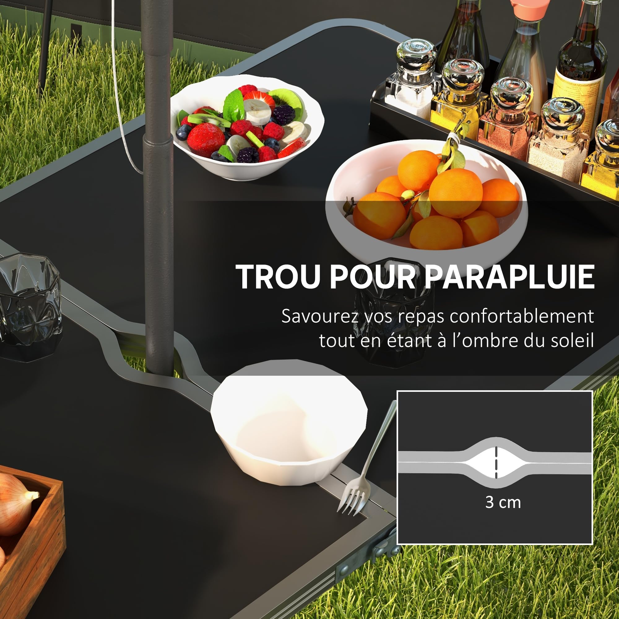 Outsunny Ensemble Table et Chaise de Camping Pliantes 5 pièces, Table à Hauteur Ajustable avec 4 chaises Pliantes, avec Trou de Parasol, Gris foncé