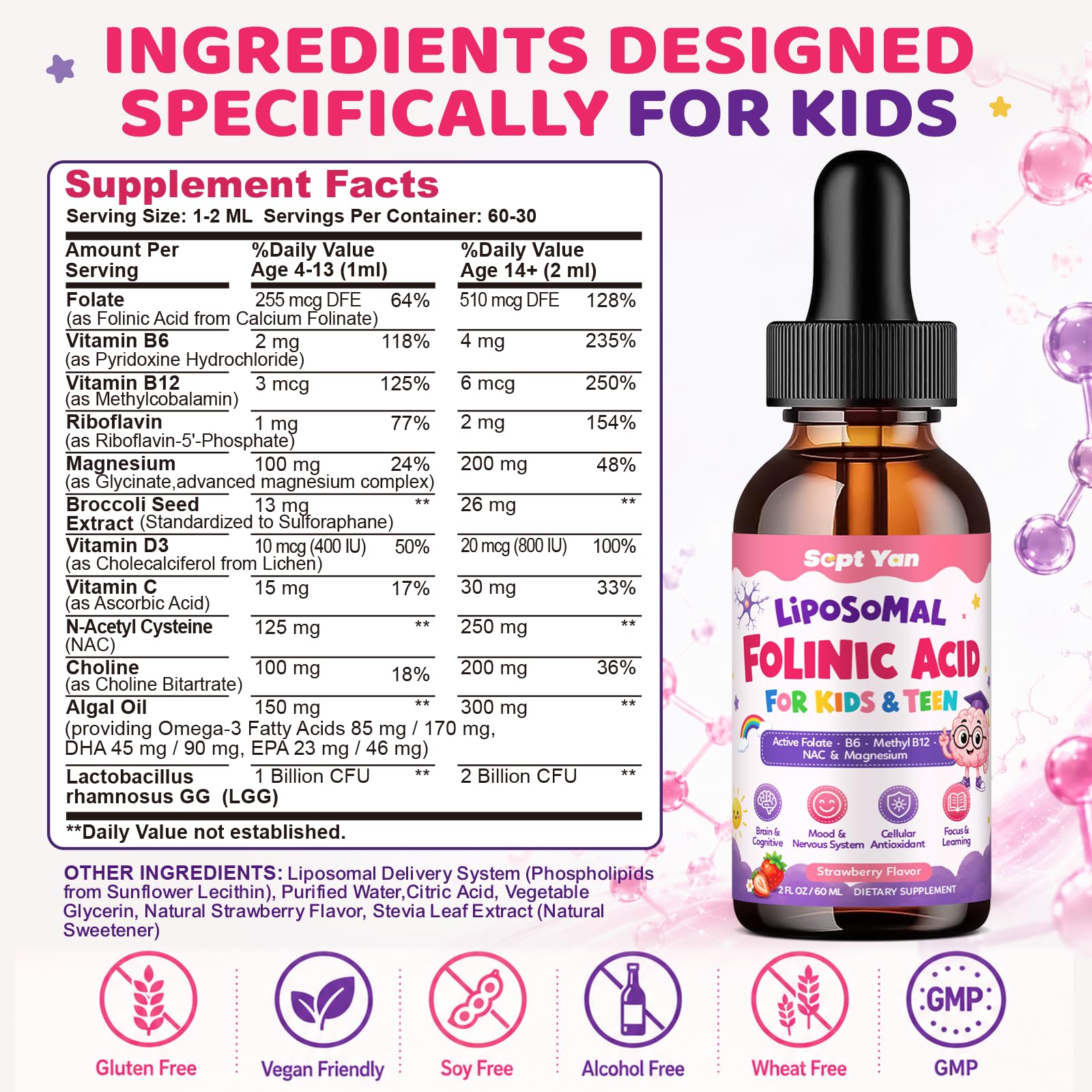 Folinic Acid for Kids, Active Folate Drops with Methylcobalamin B12, P5P B6, DHA, Choline & Magnesium, Kids Folinic Acid Supplement for Mood, Focus, Brain &Energy,GMP,Vegan,Strawberry Flavor, 2 Oz — Amazon image 2