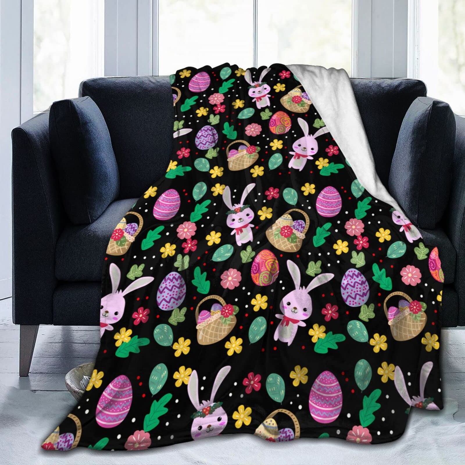 Lsjuee Cute Bunny and Easter Eggs Throw Blanket Warm Cozy Lightweight Blankets Easter Rabbit Flannel Blanket for Sofa Couch Bed Office Holiday Decorative 80"X60"