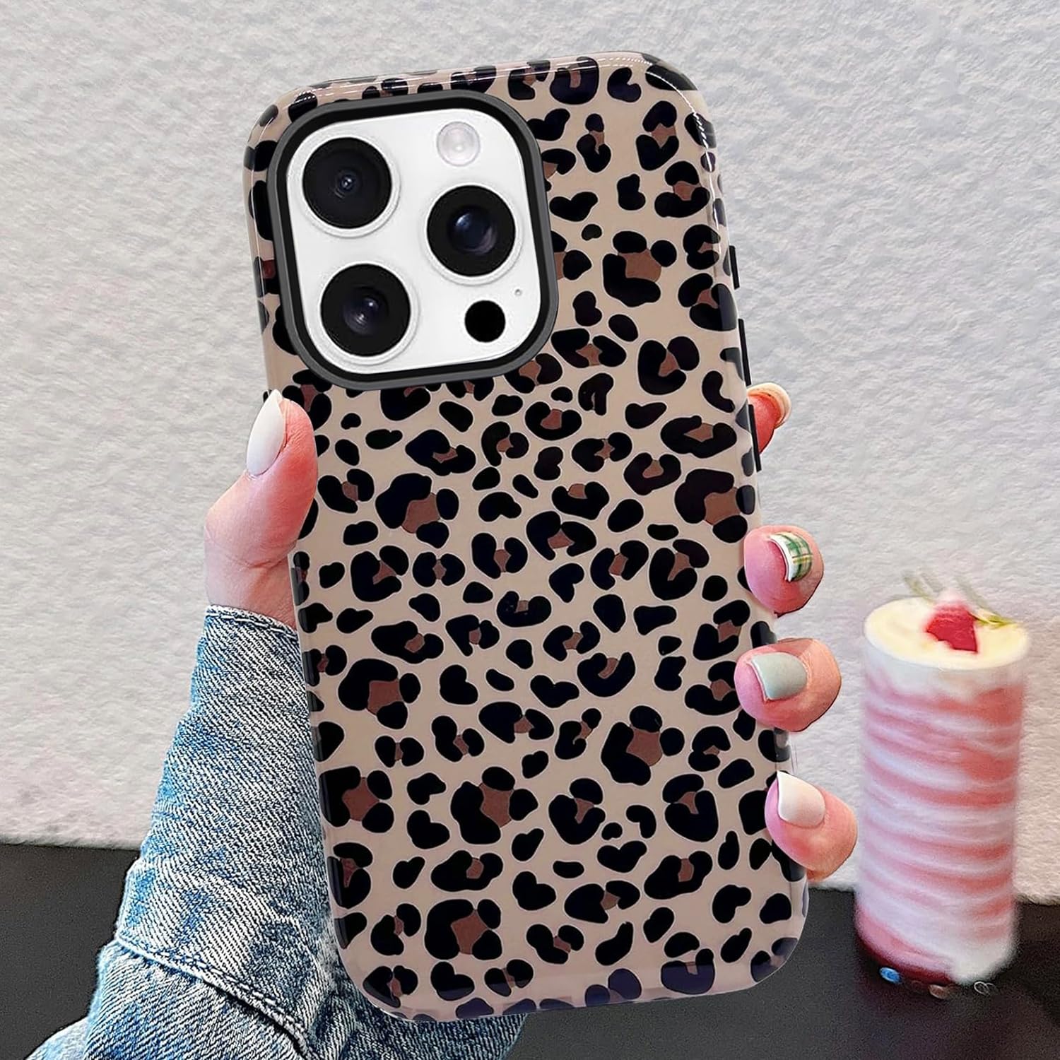 J.west Funda compatible con iPhone 14 Pro de 6.1 pulgadas con 2 protectores de pantalla de vidrio templado, lindo animal leopardo, funda híbrida para niñas y mujeres, fundas protectoras estéticas para
