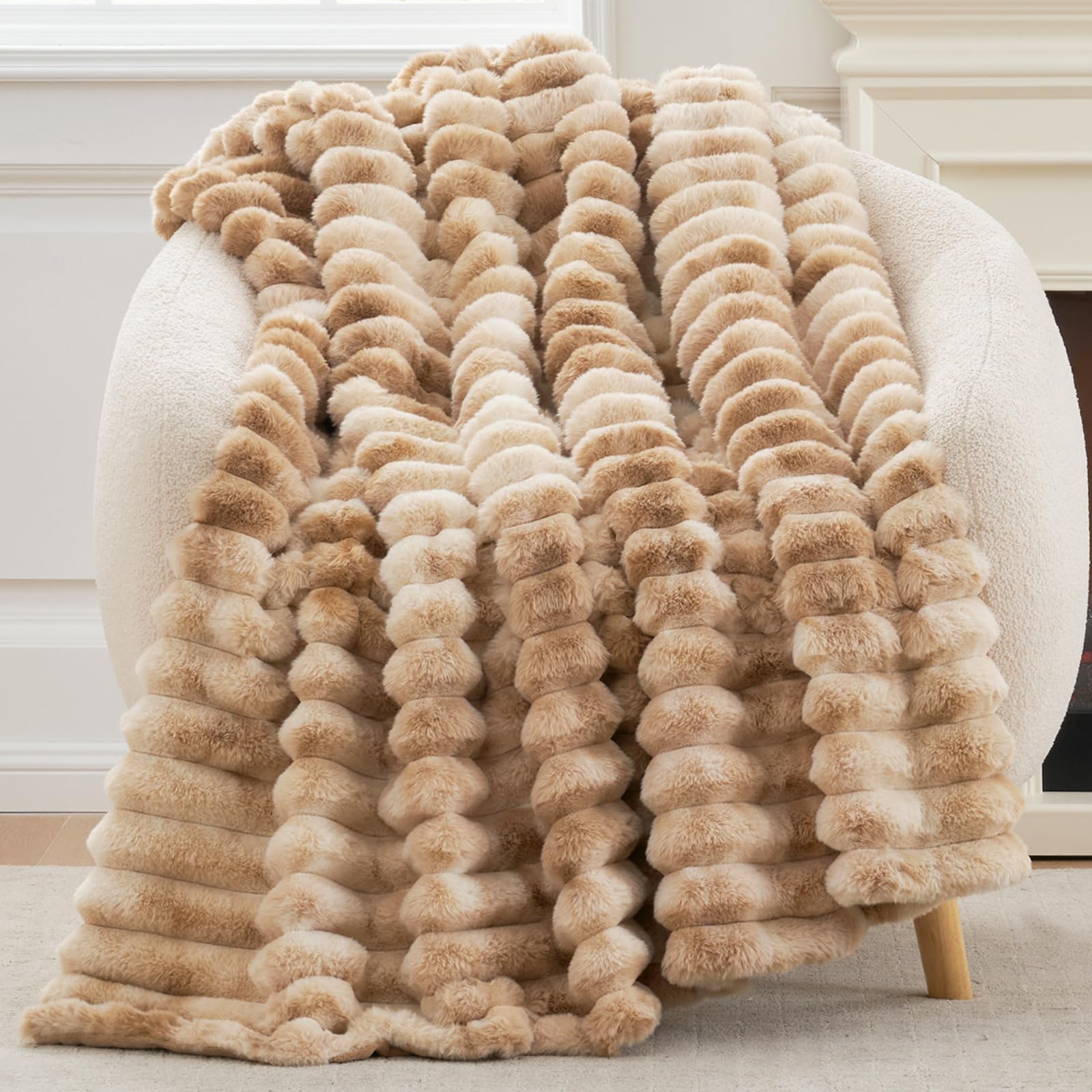 Cozy Bliss Faux Fur Throw Blanket for Couch, Cozy Warm Plush Striped Blanket for Sofa Bedroom Living Room, 50 * 60 Inches Tie-dye Khaki