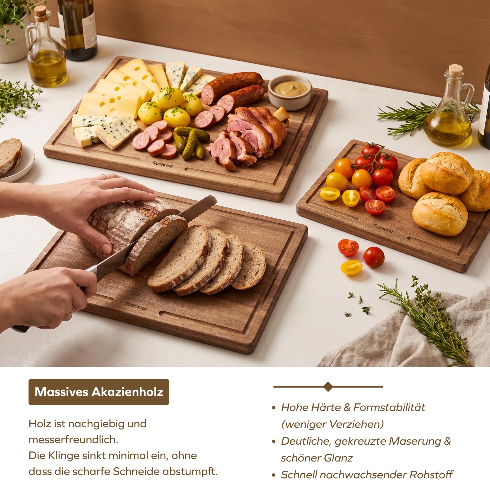 Muso Wood Schneidebrett-Set Akazie Holz 3-teilig mit Ständer (40x30 / 33x24 / 25x18cm) - 2cm Dicke, Saftrille, Messerschonend - Ideales Einweihungsgeschenk