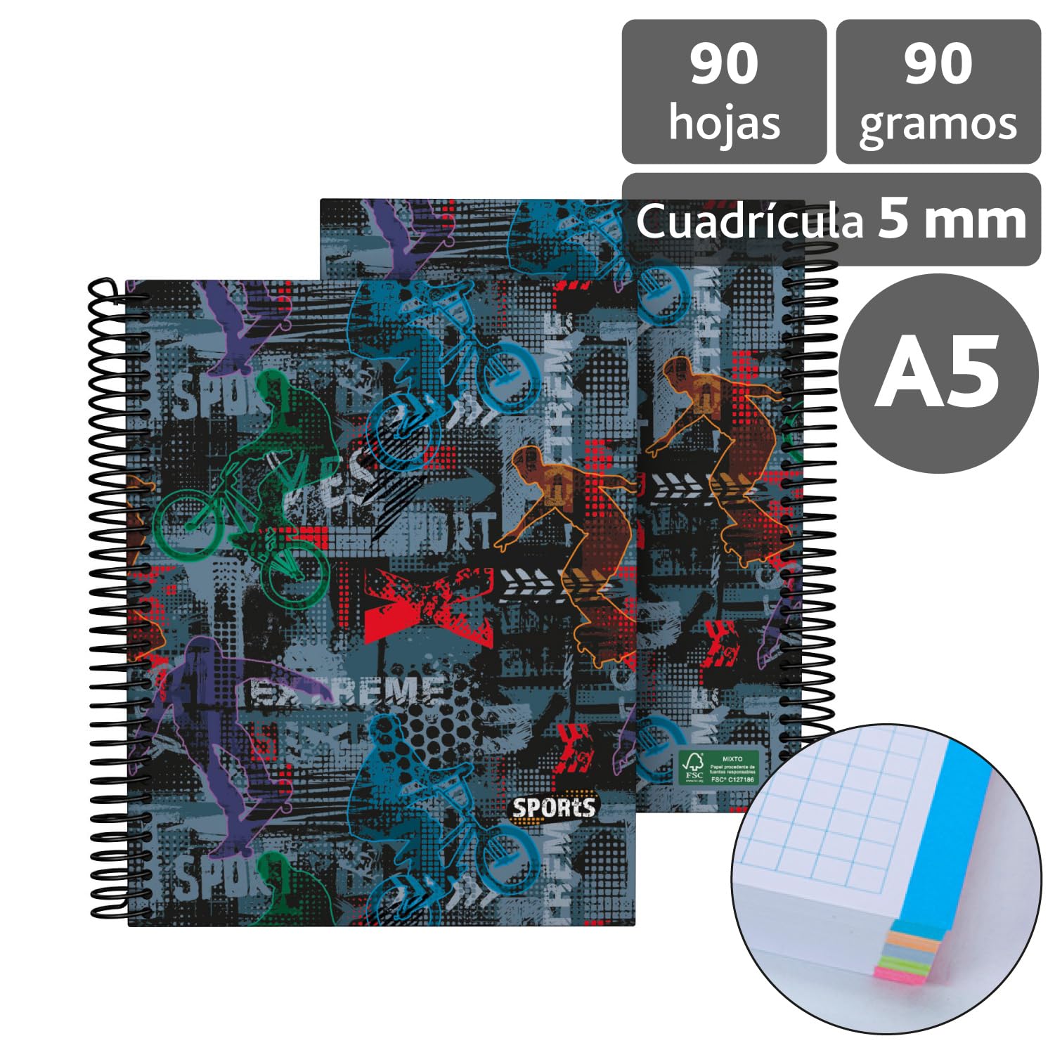Grafoplás 16512653. Quaderno A5 Copertina rigida, Quadrato 5x5, Spirale, 5 Bande Colore, Collezione Sports, Extreme, Certificato FSC