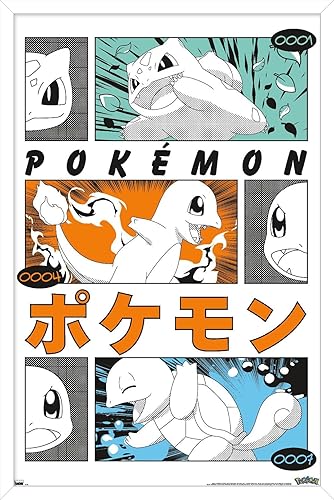 Trends International Pokémon - Póster de pared de anime Trio, 34 pulgadas de largo x 22.4 pulgadas, versión enmarcada en blanco