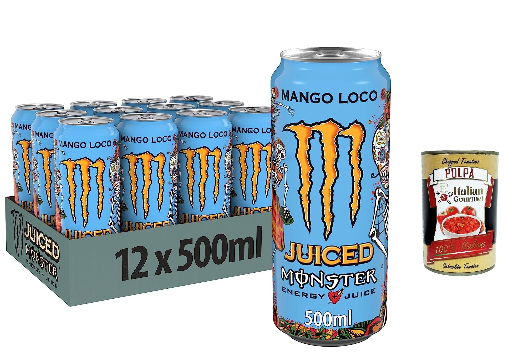 Italian Gourmet Bevanda energetica Mango Loco Energy, 48 x 500 ml | Gusto tropicale con guava e piña; cafeína, afrutado y refrescante, lata, peso neto total 24 L + Polpa gratis 400 g