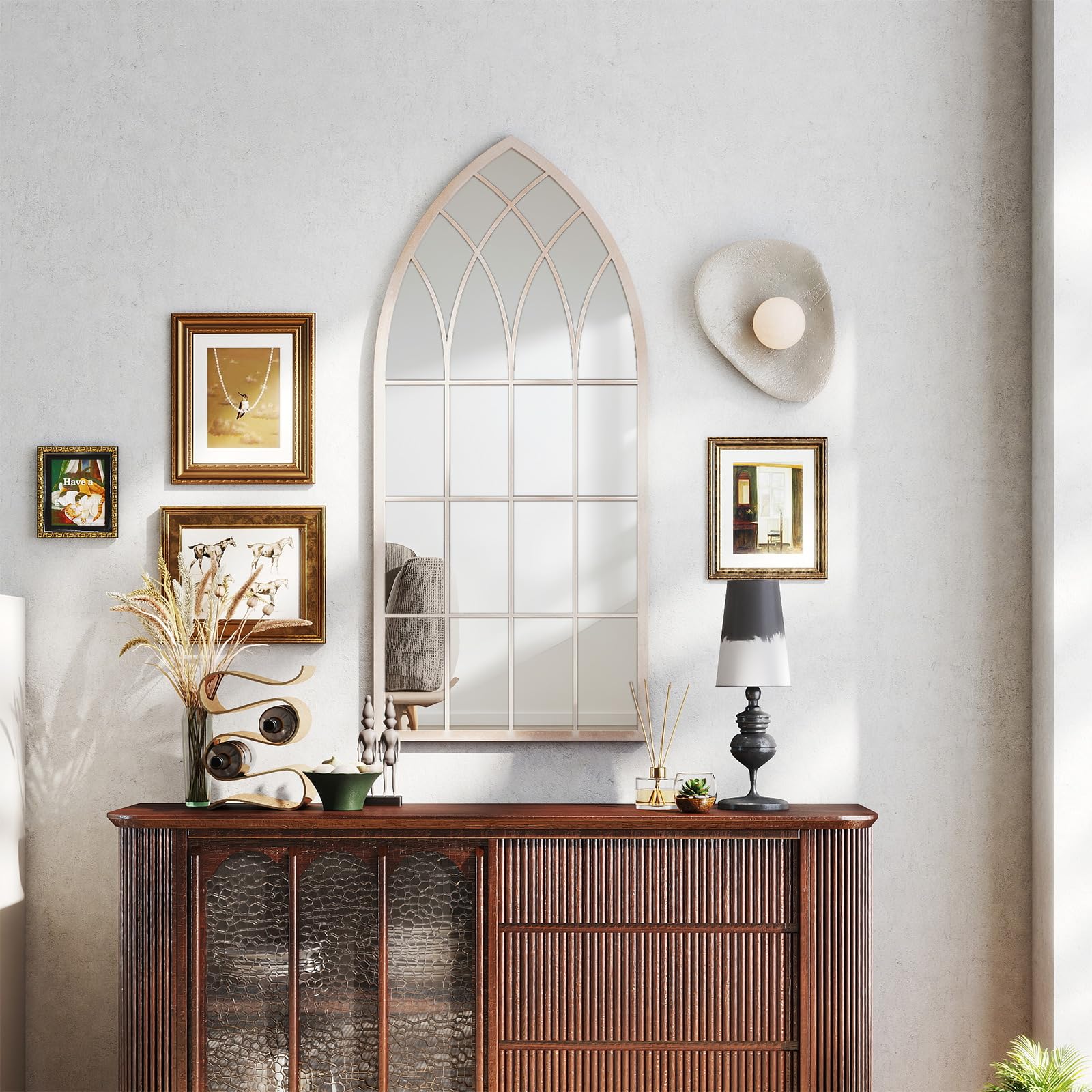 COSTWAY Specchio da Parete, Specchio a Finestra in Stile Rustico con Cornice Metallica, Specchio Decorativo Antideflagrante per Soggiorno Ingresso Camino, 115 x 50 cm