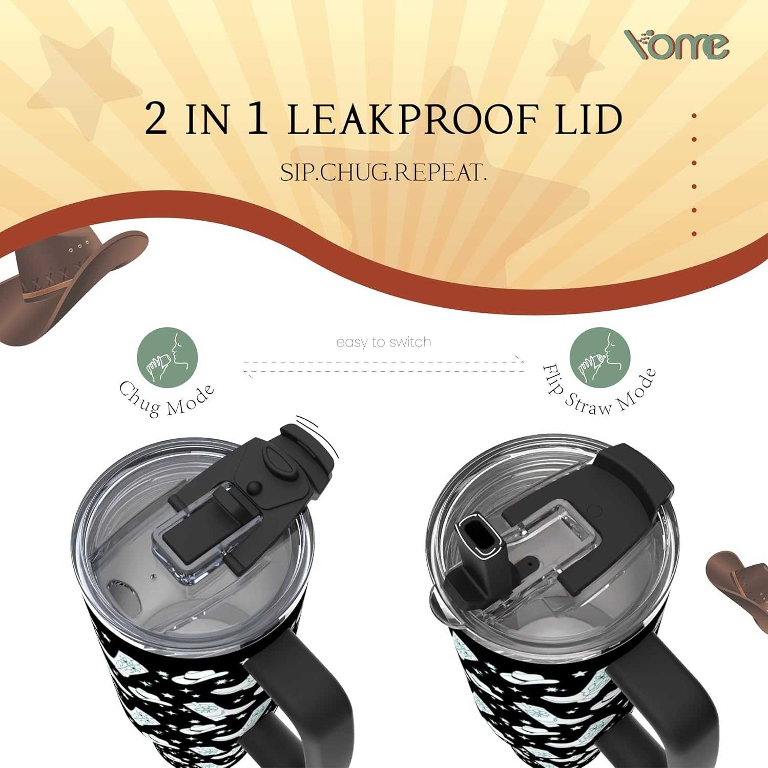 YOME 40 oz Black Western Cowgirl Tumbler with Handle and Flip Straw for Women | Stainless Steel Insulated Water Bottle | Keeps Drinks Cold | Dishwasher Safe | Cupholder Friendly | Gift Gym Travel Yoga - Image 4