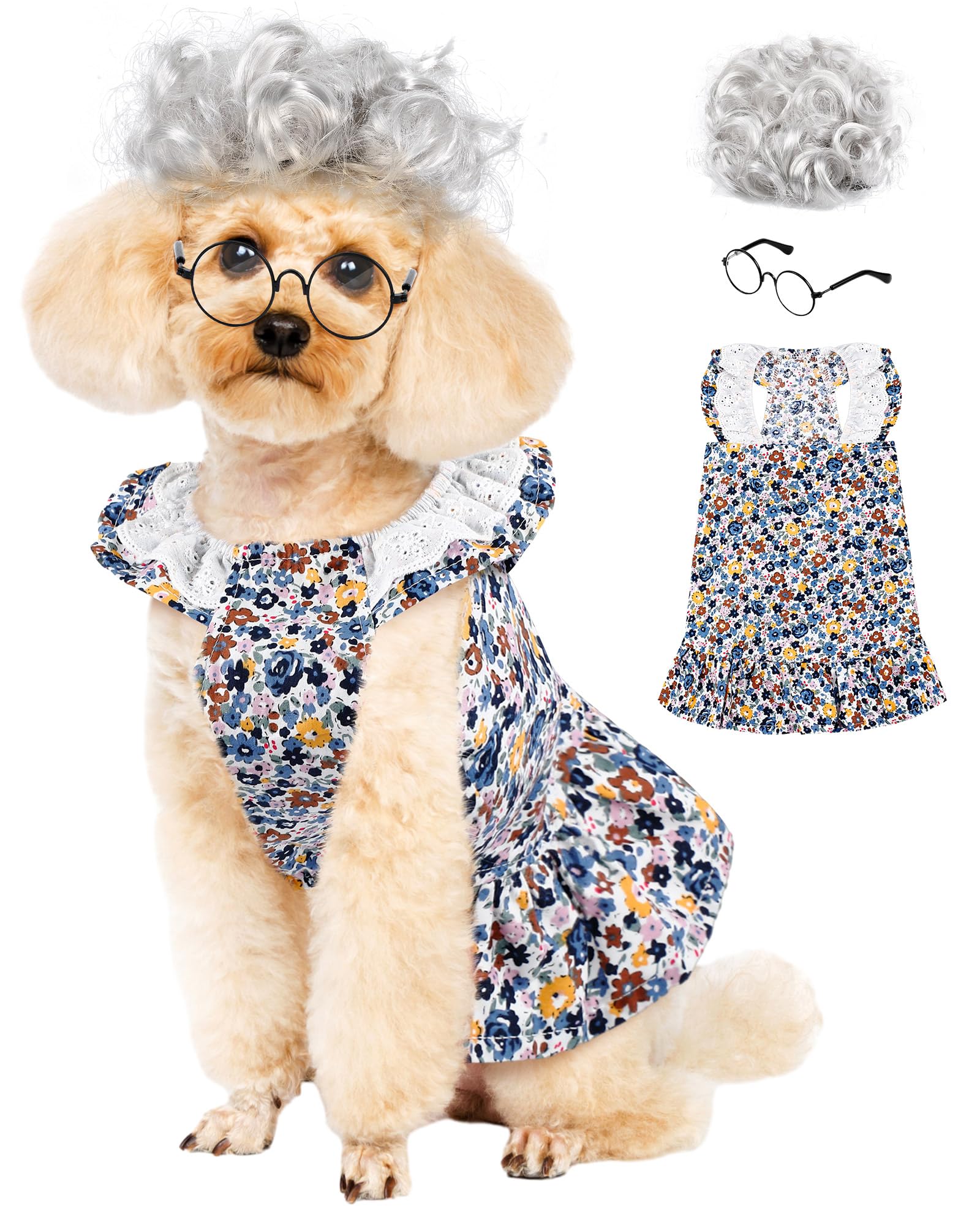 Kacctyen 2 Set Old Lady Dog Costume 100th Day of School Costume Small Dog  Costume Grey