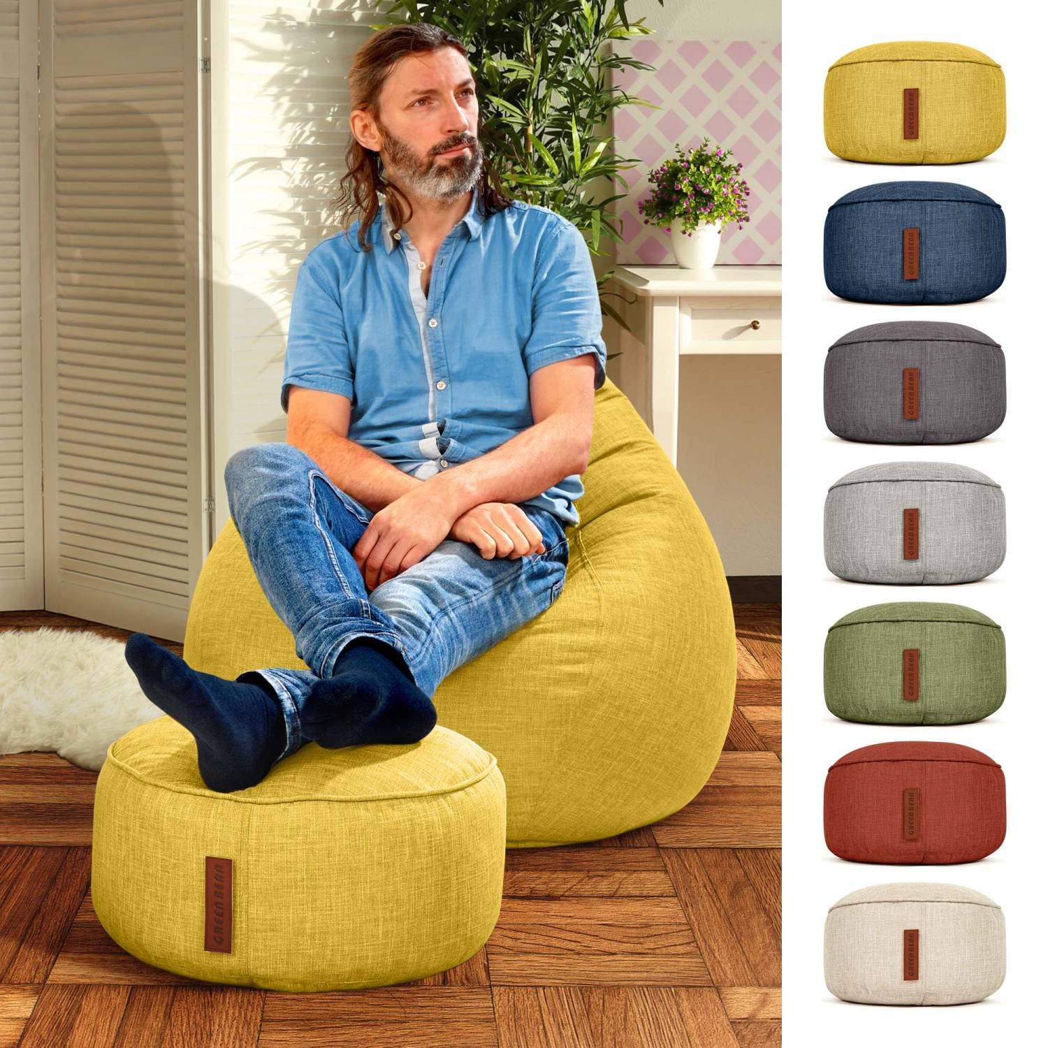Green Bean Sitzsack-Hocker Home Linen rund 45x25cm mit EPS-Perlen Füllung - Fußhocker Sitz-Pouf für Sitzsäcke - Bodenkissen für Kinder und Erwachsene - Sitzkissen Sitzhocker Gelb