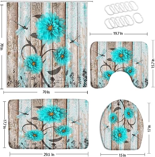 Miniatura 2 de Juego de 4 cortinas de ducha de madera rústica, dalia, floral, libélula con alfombrilla de baño, puerta de garaje vieja de madera de granero,