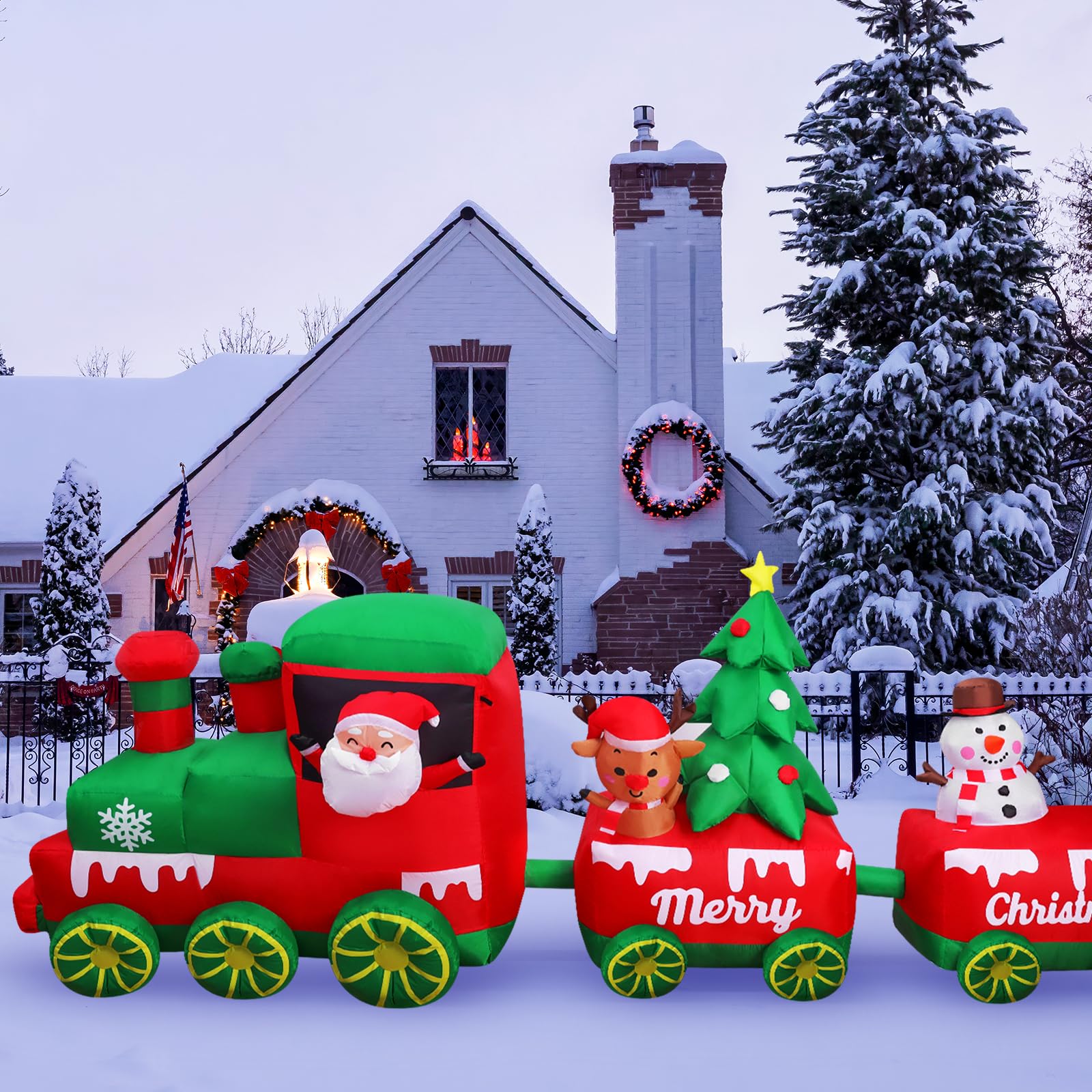 Train Gonflable de Noël de 3 m avec Père Noël, Renne, Bonhomme de Neige, trésor de Noël, lumières LED intégrées, décoration de Noël pour fête de Noël, Vacances, Jardin, pelouse, Cour