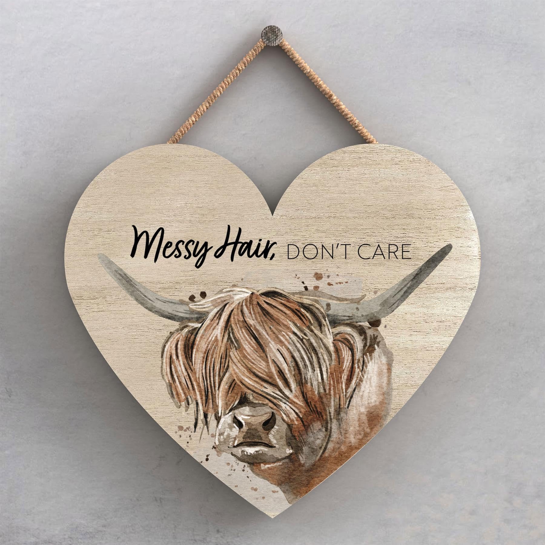 Global Designs Messy Hair Don't Care Cow Watercolour Artwork Decorative Wooden Heart Plaque
