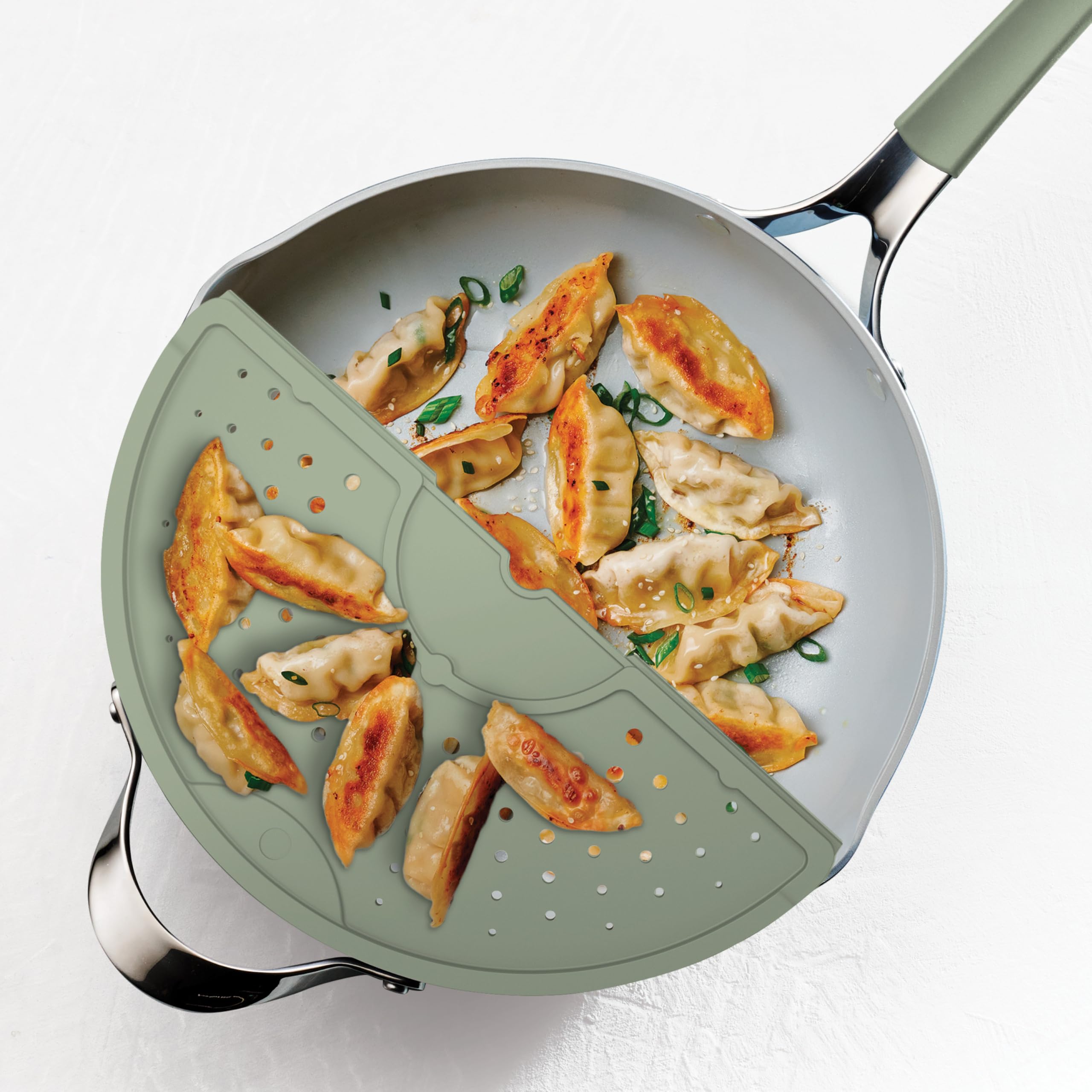 Tramontina Vue All-in-One Plus Pfannenset, 5 Quart Keramik Antihaft-Kochpfanne mit Glasdeckel, Dampfgareinsatz, Buchenholz-Utensilien, Spritzschutz, Topflappen, Grün