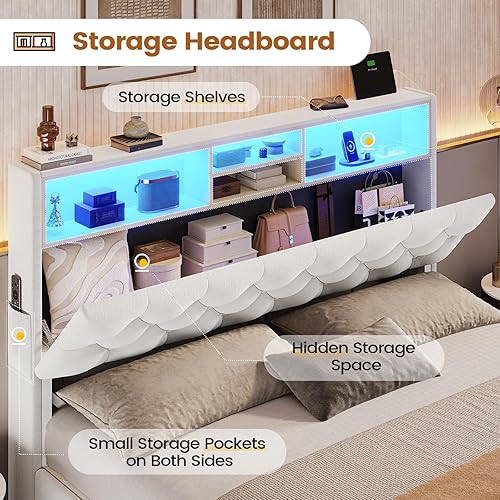 Miniatura 3 de BTHFST Base de cama Queen con 4 cajones y cabecera de almacenamiento, marco de cama LED tamaño Queen con estación de carga, cama tapizada de