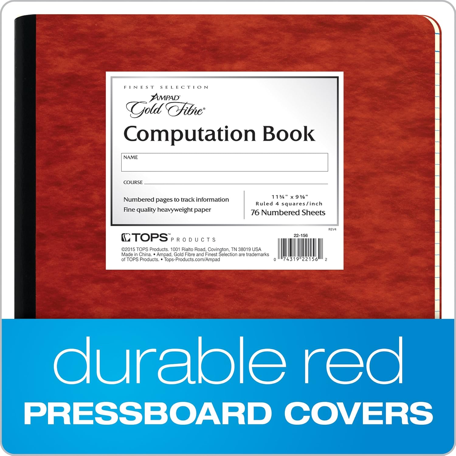 Ampad Gold Fibre Computation Book, Red Cover, Ivory Paper, Letter Size, 4 Square Inch Rule, 76 Sheets, 1 Each (22-156)