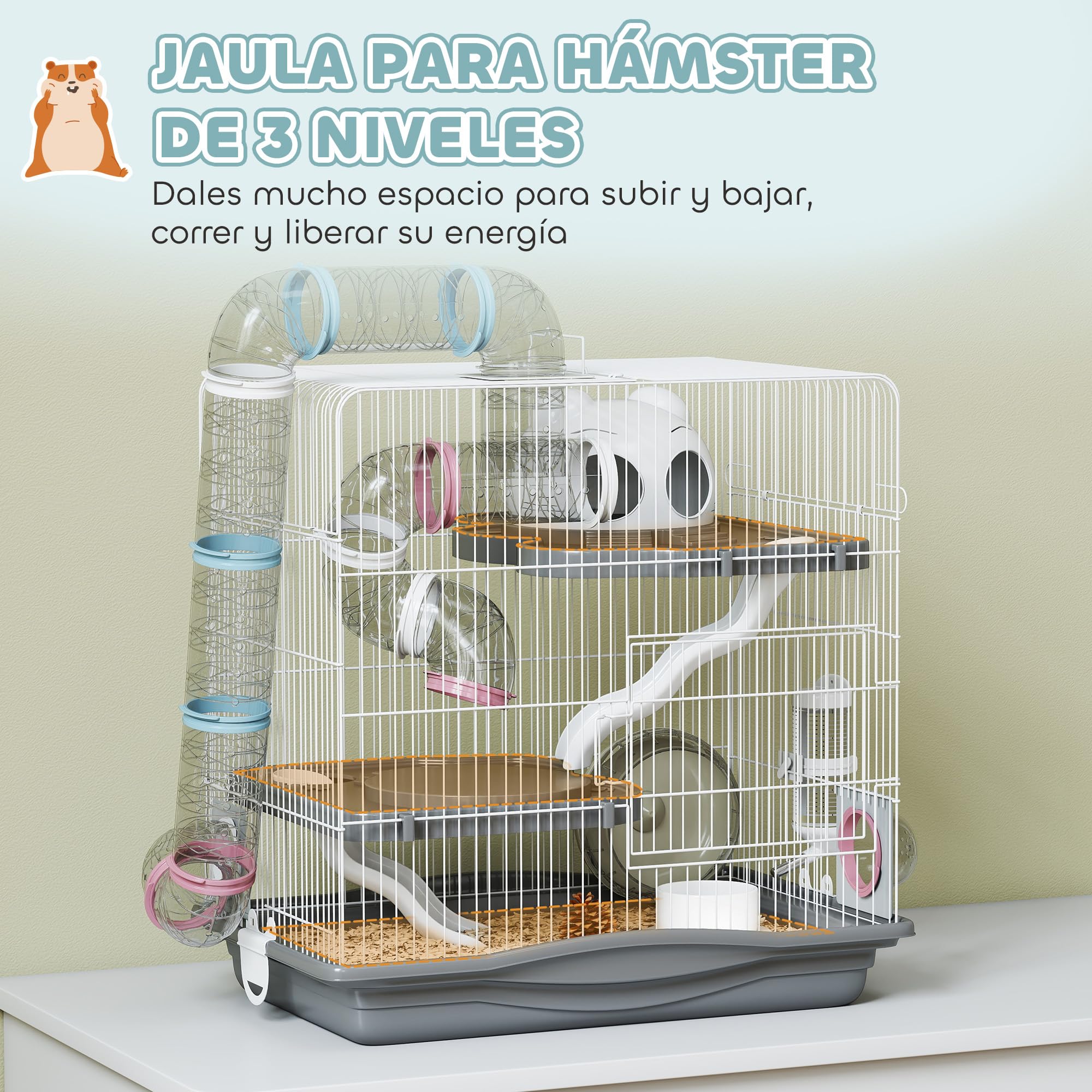 PawHut Jaula para Hámster, 45x30x45 cm, Casa para Animales Pequeños con Túnel, Plataformas, Cuenco, Bebedero, Casita, Rampas y Rueda de Ejercicio, para Hámsteres Enanos, Jerbos, Gris