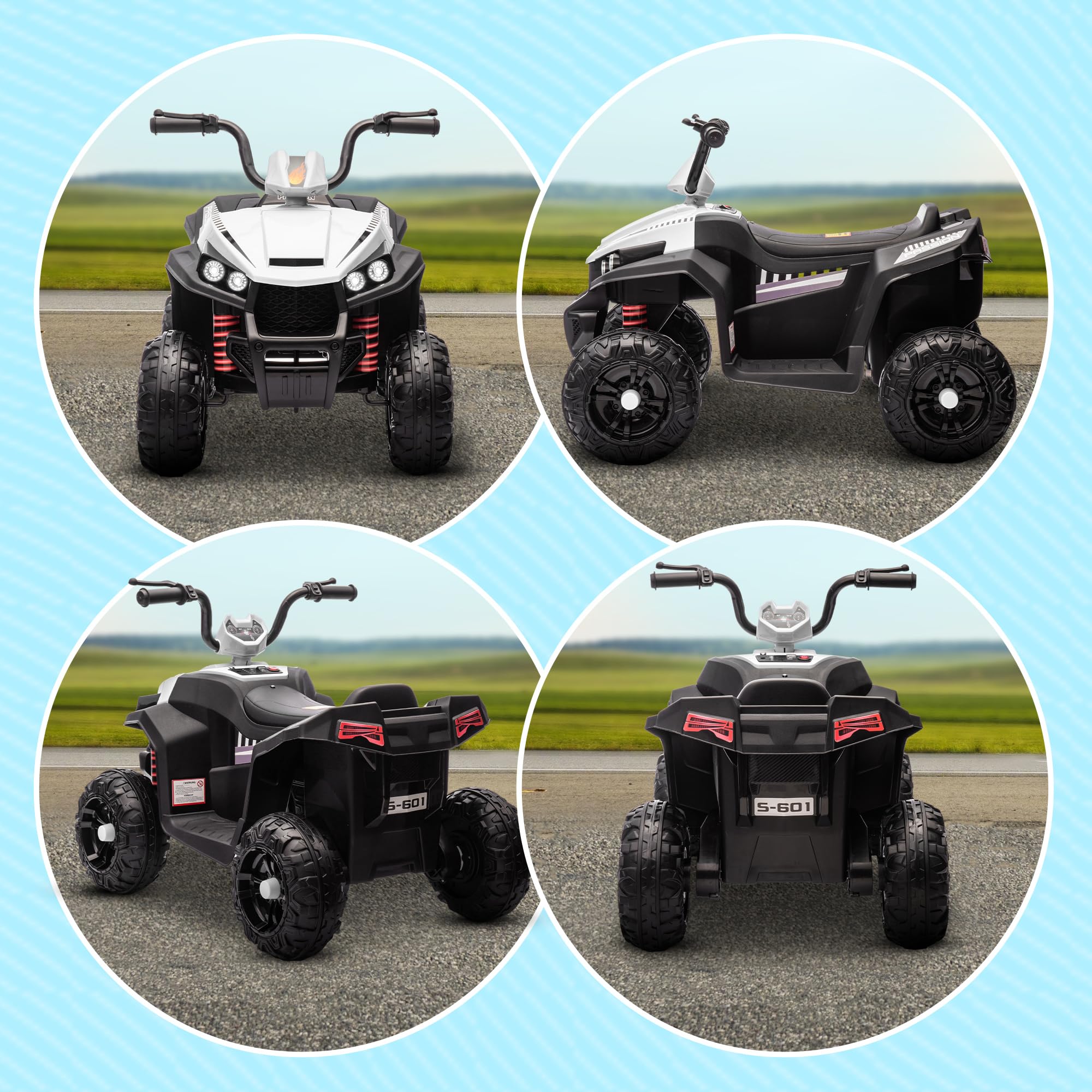 AIYAPLAY Quad Elettrico per Bambini 12V, Auto Elettrica per Bambini con 2 Motori, 5 km/h, Sospensioni, Fari LED, MP3, per 37-60 Mesi, Interno ed Esterno, Bianco