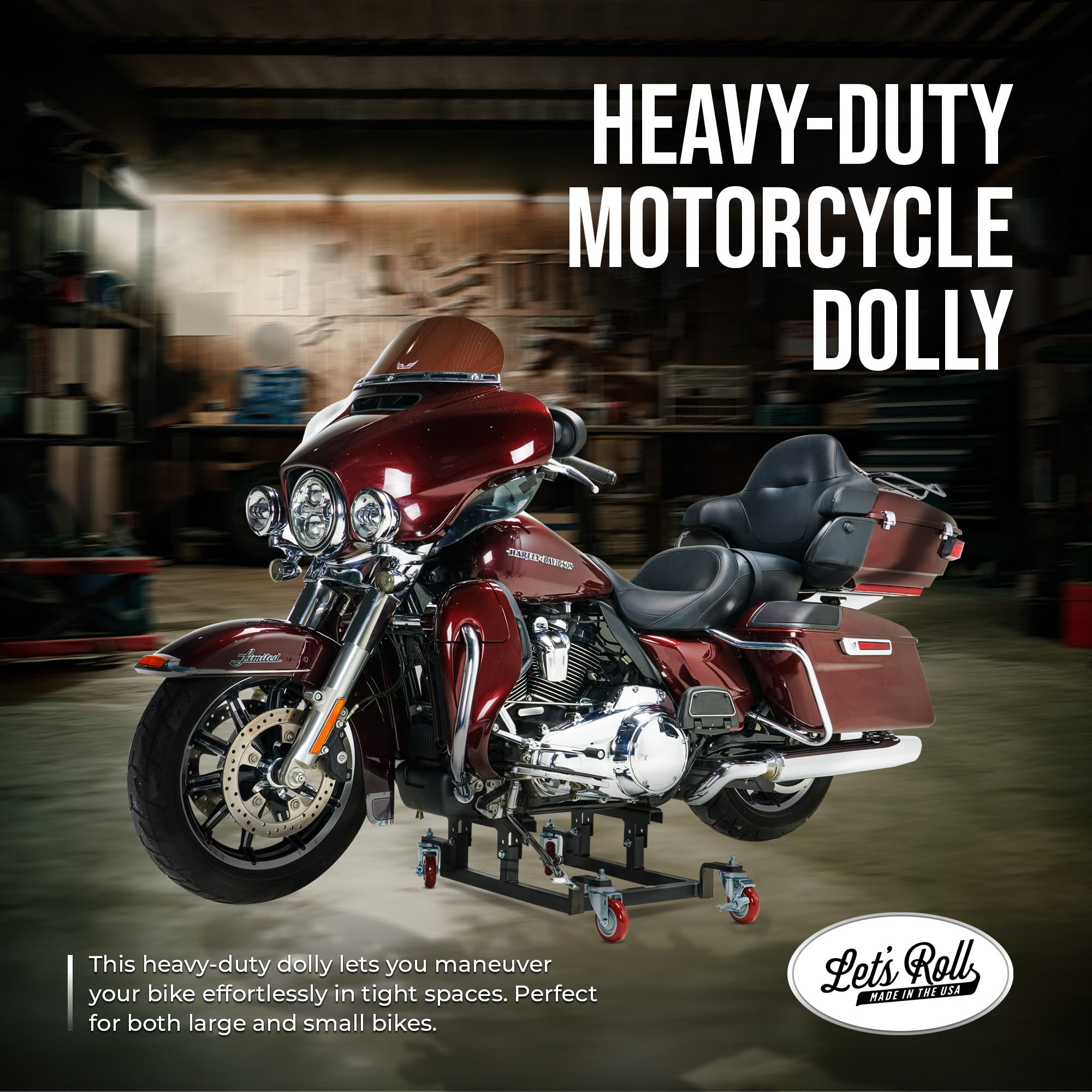 Let's Roll Cruiser Motorcycle Stand - 1200 LB Motorcycle Dolly for Garage Storage, Heavy Duty Dolly Wheels, Stable Garage Wheel Dollies with Mobility for Maintenance - Made in The USA