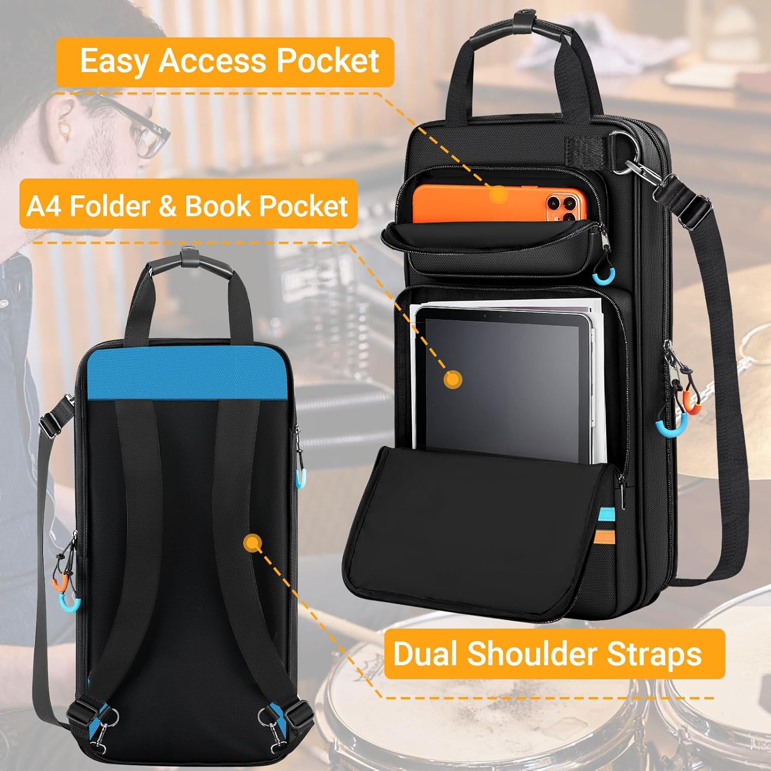 Drumstick Bag, Drumstick Bag Holder with Handles and Detachable Shoulder Strap, Hanging Drum Sticks Bag for Drumsticks and Mallets for Drummers, Beginners in Band, Gig