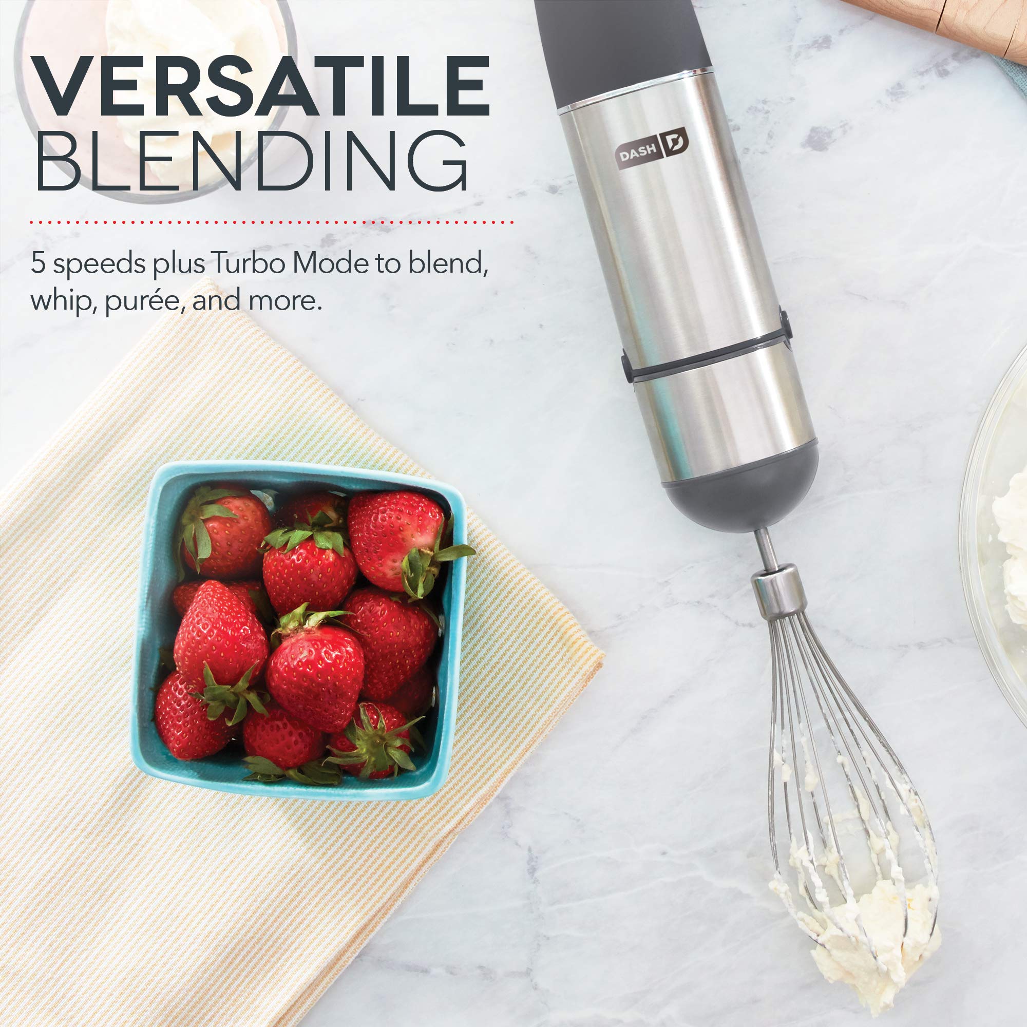 Dash Chef Series Batidora de mano de inmersión, licuadora de varilla de 5 velocidades con cuchillas de acero inoxidable, accesorio para batidor y guía de recetas, gris frío