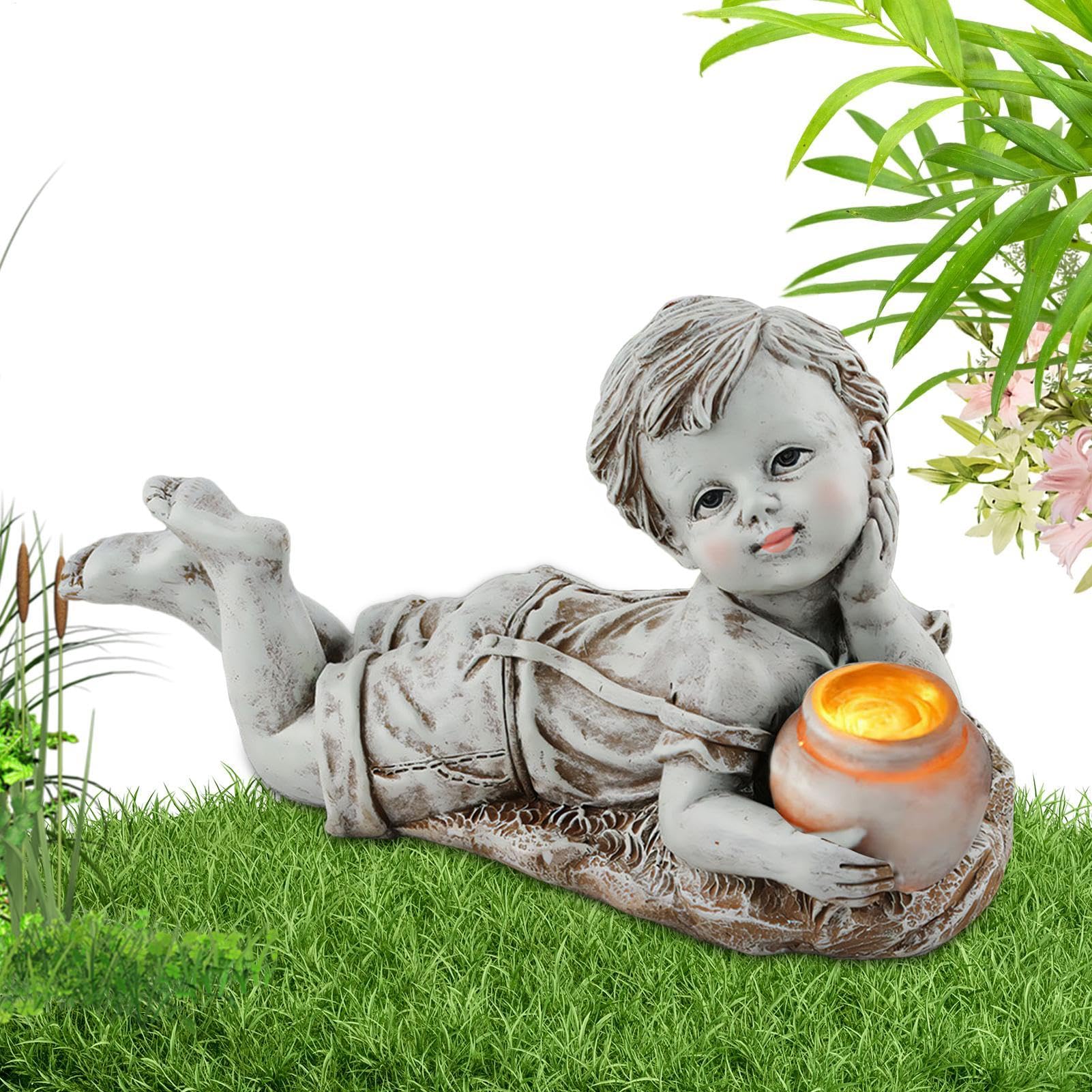 Statue enfant solaire en résine, le cadeau de jardin idéal pour vos proches