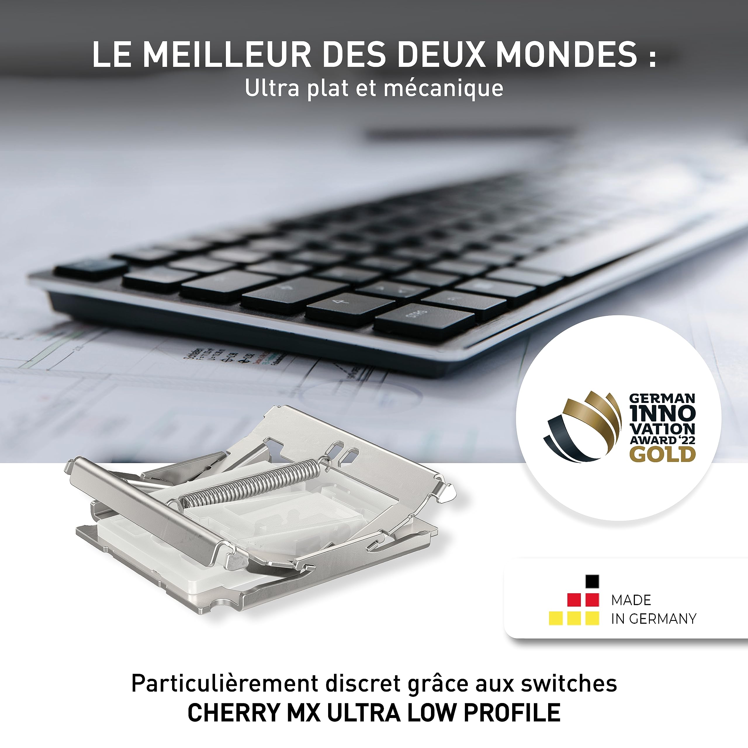 CHERRY KW X ULP, Clavier mécanique Haut de Gamme Ultra-Plat, Disposition française (AZERTY) Clavier Compact Multi-appareils Jusqu’à 4 appareils différents, Rechargeable, Noir
