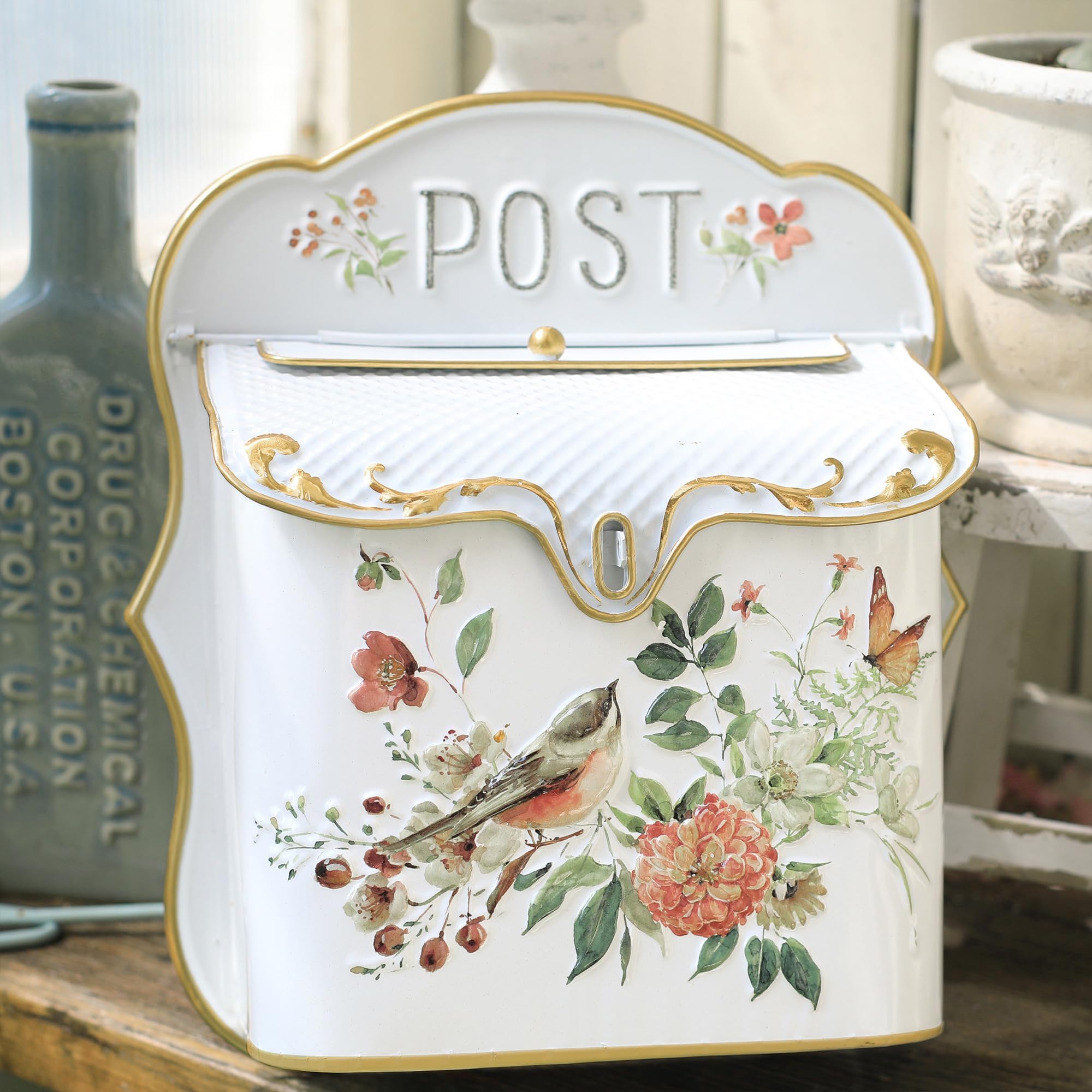 BIG FORTUNE Wall Mount Mailbox for House Outside Vintage Metal Door Mailbox Antique Style Nostalgic Charm Home Decor Garden Vintage English Cottage Decor Flower Patter