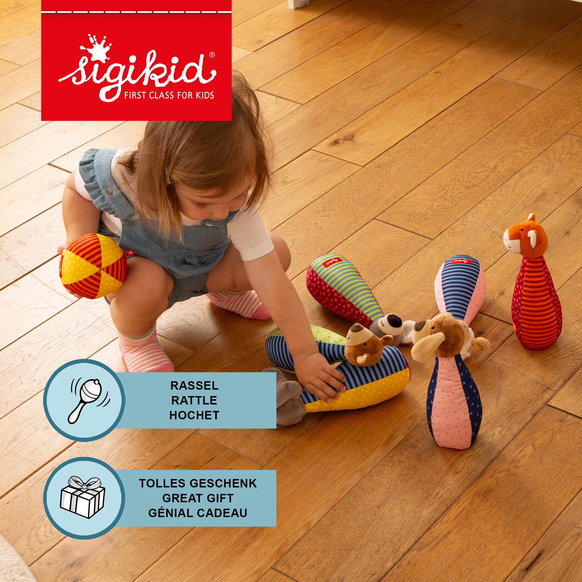 sigikid Baby Bowling Kegelspiel Baby- & Kleinkindspielzeug Motorikspielzeug Rasseln & Greiflinge PlayQ Aktivitätsspielzeug Mädchen und Jungen ab 3 Monaten, waschbar