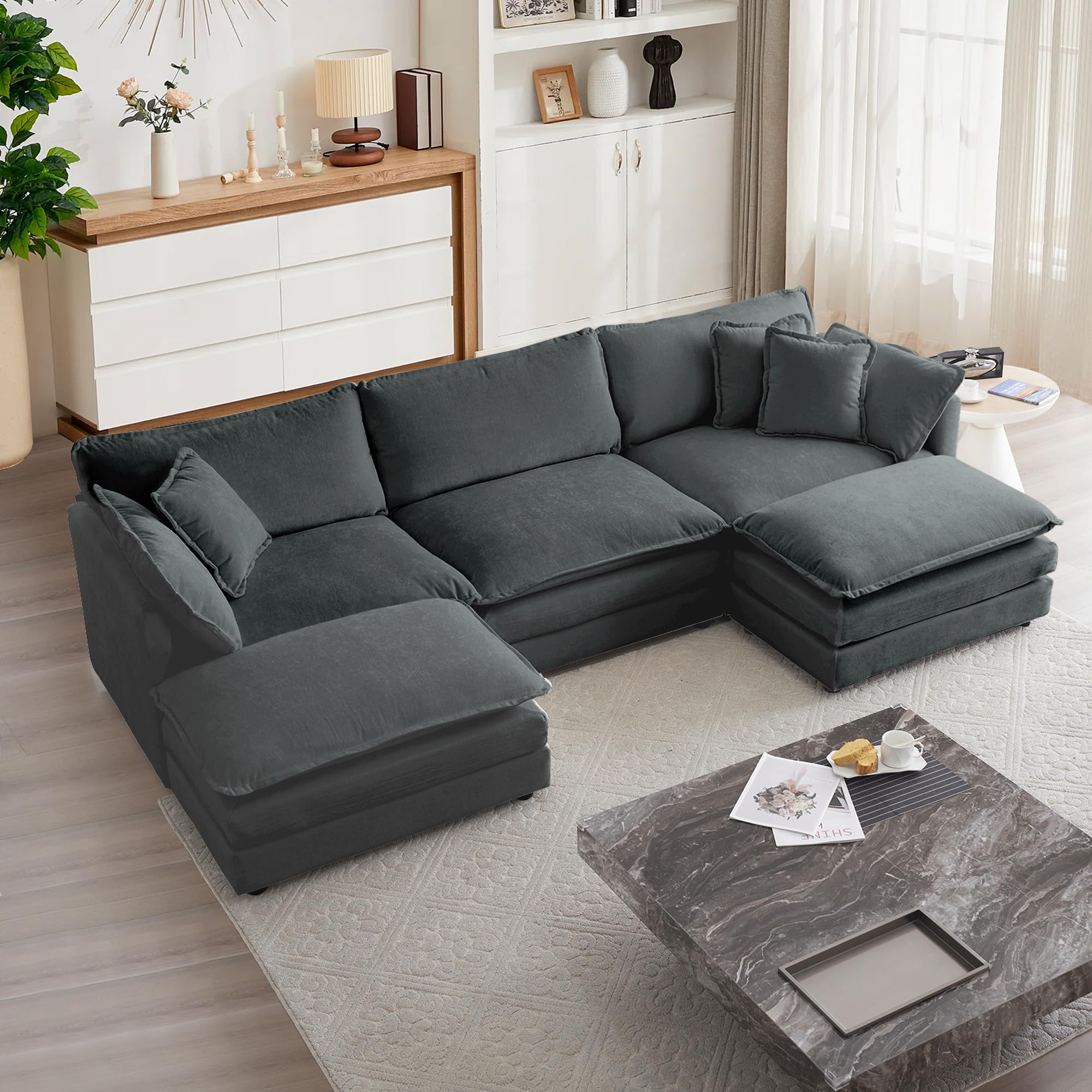 mikibama Modular Sectional Sofa, 111.5 Inch U Shaped Couch Set for Living Room, 3-Seater Comfy Cloud Couches with Movable Ottoman, DIY Combination, Chenille, Grey 111.5 Inch- U Grey