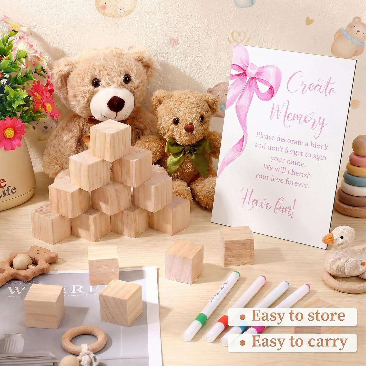 125-Pack Baby Blocks for Baby Shower Games, Gender Reveal Decorations with Sign, 24 Markers, 100 Building Blocks to Decorate, Baby Shower Favors, Decor, Gender Reveal Party Bow