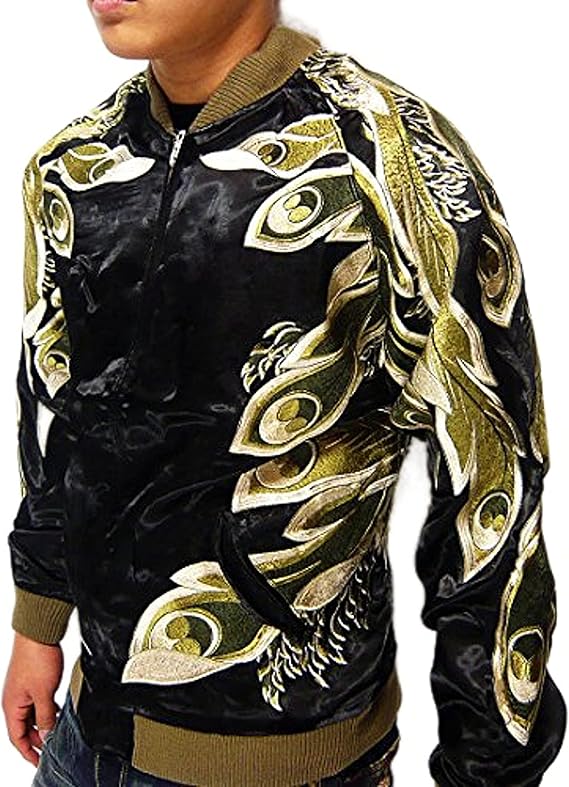 花旅楽団　鳳凰　総柄　刺繍　リバーシブル　和柄スカジャン　L～XL　黒×金 花旅楽団 はなたびがくだん 鳳凰 柄 刺繍 和柄 リバーシブル