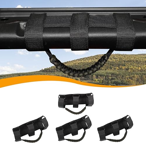Miniatura 14 de Hoolcar 4 asas de agarre de barra antivuelco con paracord Compatibles con 1955-2023 Jeep Wrangler YJ TJ JK JKU JL JLU & Gladiator JT, Negro & Rojo