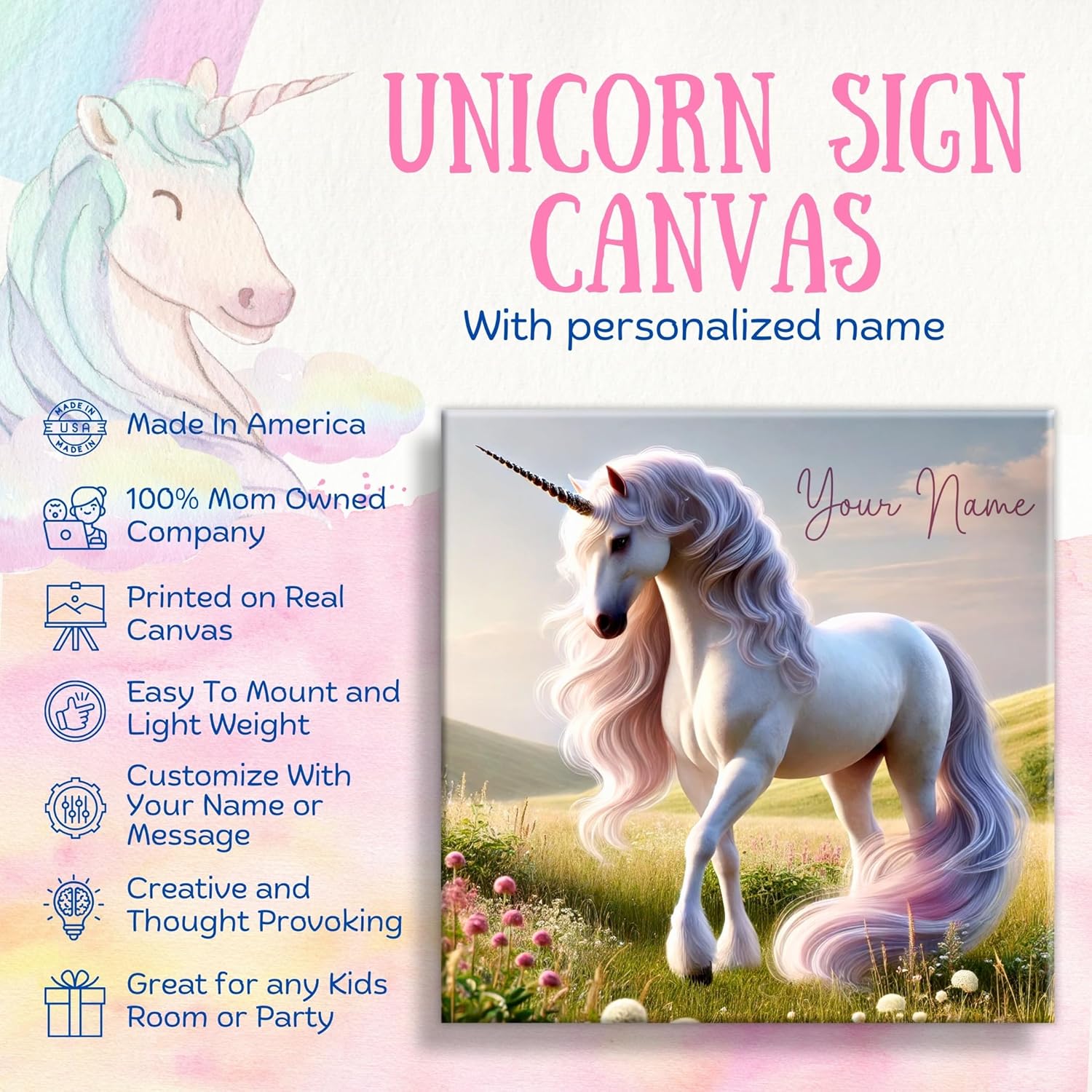 Customizable Unicorn Canvas Wall Art – Personalized Name Sign for Girls’ Room – Cute Majestic Unicorn with Pastel Flowers – Perfect Nursery Decor, Fairy Tale, Princess & Magical Theme Wall Art (14x14 inch)