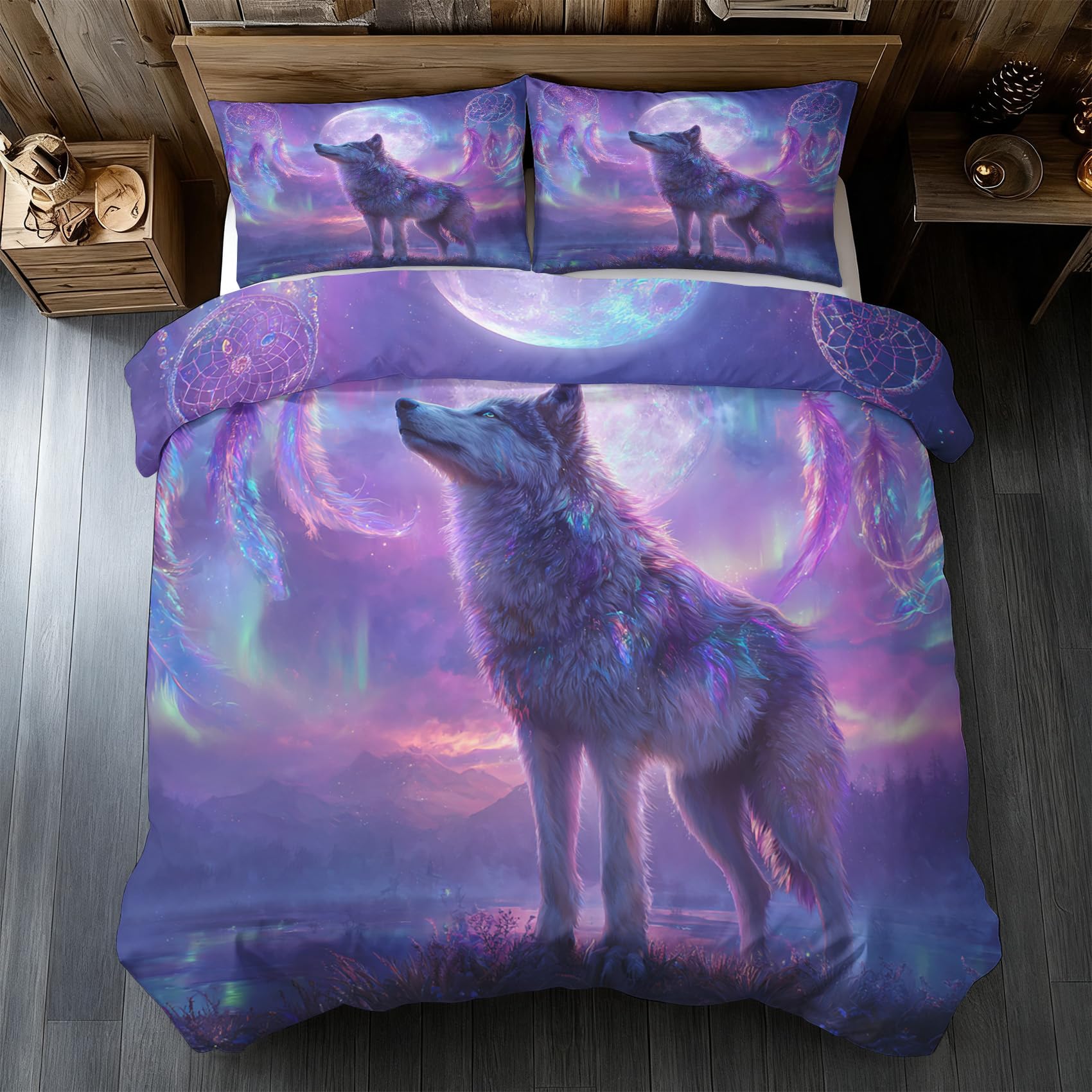 Generisch Traumfänger Wolf Bettwäsche 200x220 cm, Verträumte Dreamcatcher Bohemian Bettbezug, Bettwäsche-Sets 3 Teilig, Wendebettwäsche + 2 Kissenbezüge 80x80 Weich Mikrofaser Schlafzimmer Deko M15