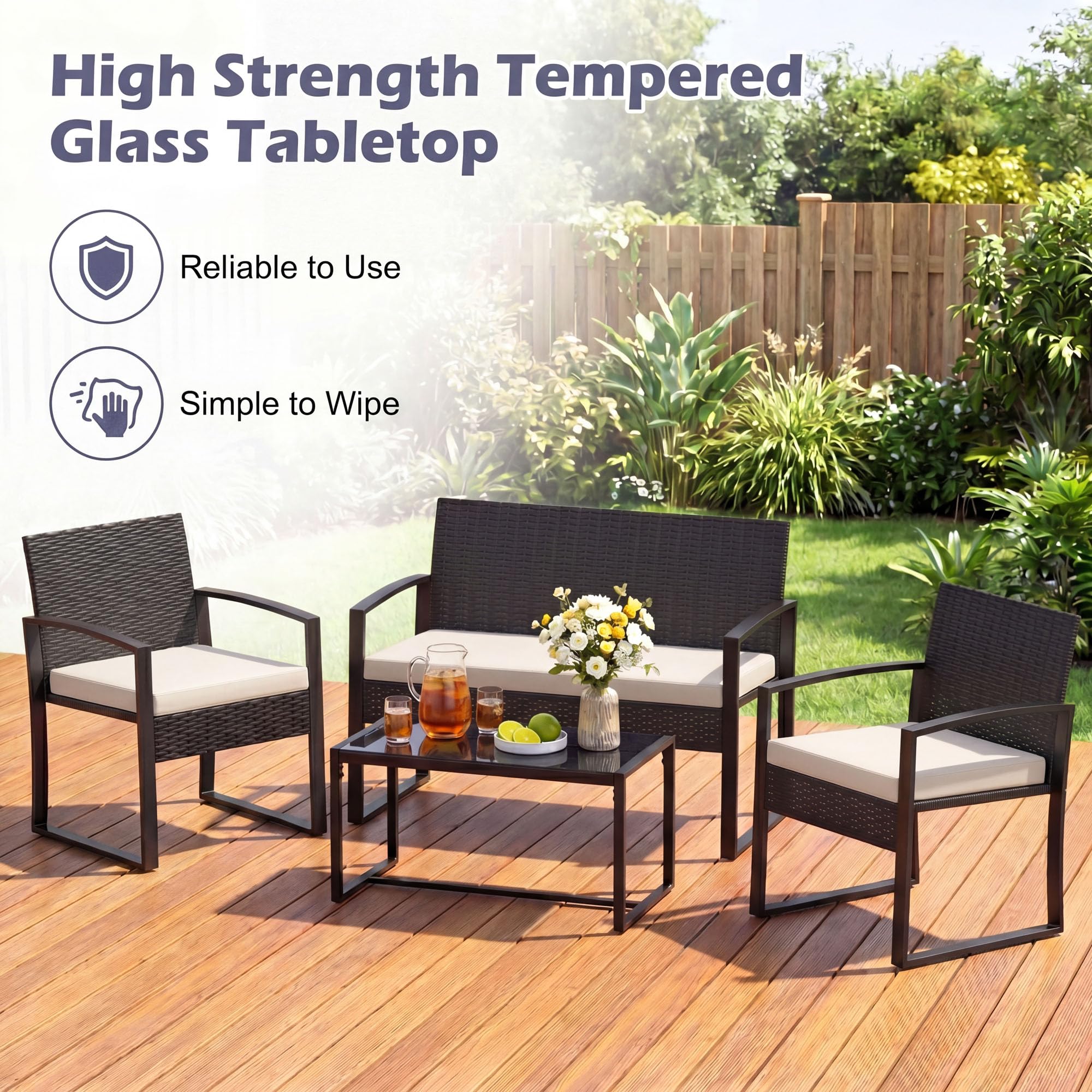 SOARS Conjunto Jardín Exterior de Ratán PE y Metal, Muebles de Jardín de 4 Piezas con Respaldo Inclinado y Cojines de Asiento, Muebles de Exterior con Mesa de Centro para Patio, Jardín (Beige)