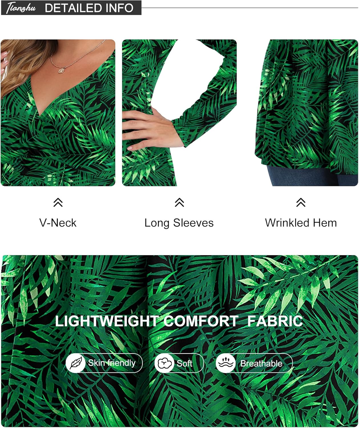 TIANZHU Women's Plus Size V Neck Long Sleeve Tunics Tops Lightweight Blouse Dressy Casual Top Ruched Trendy Clothes - Image 4