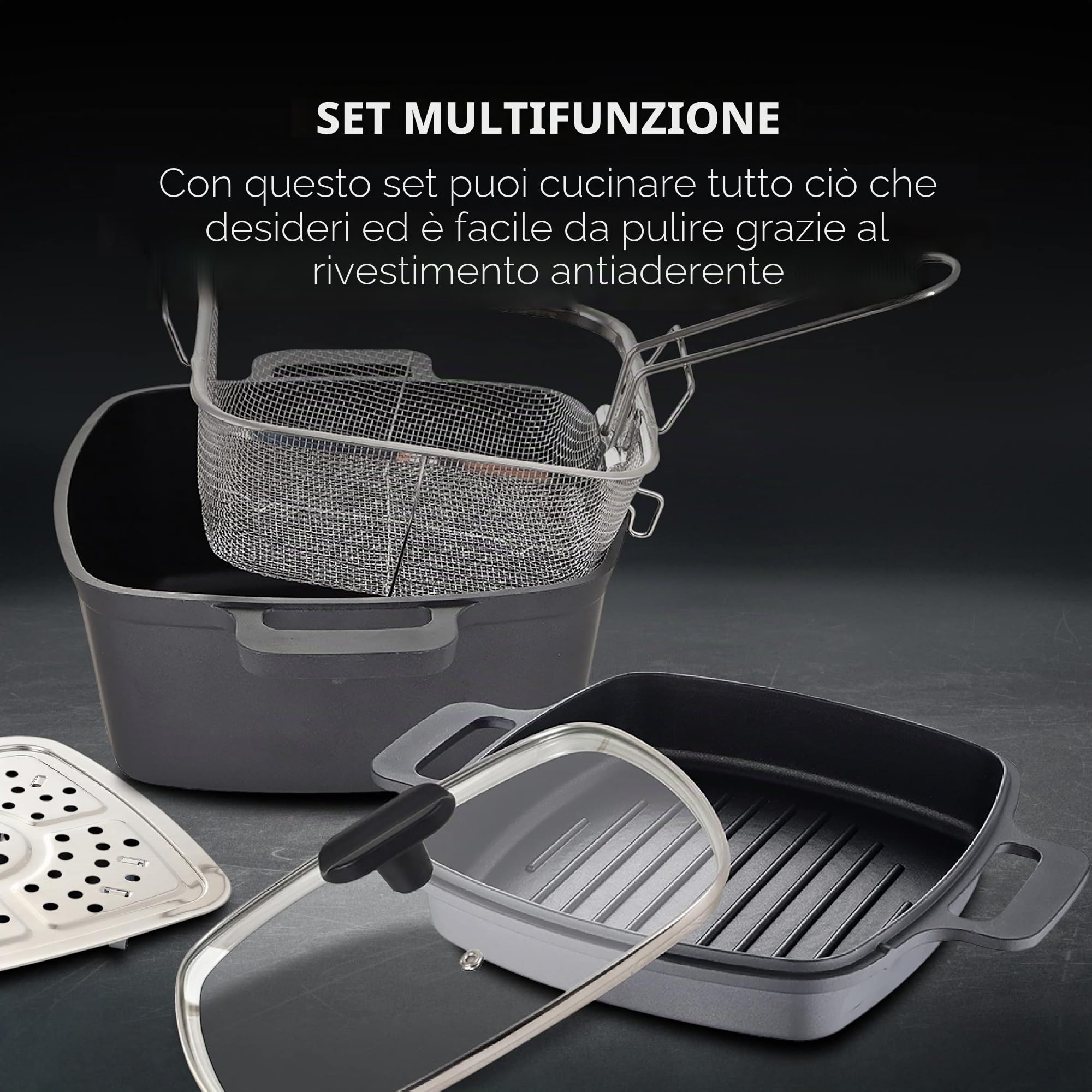 MasterPRO Foodies | Set di pentole 5 pezzi in 1 | Set multifunzione in alluminio pressofuso | Cucinare, grigliare, arrostire e cuocere a vapore | Accessori inclusi | Per tutti i piani cottura