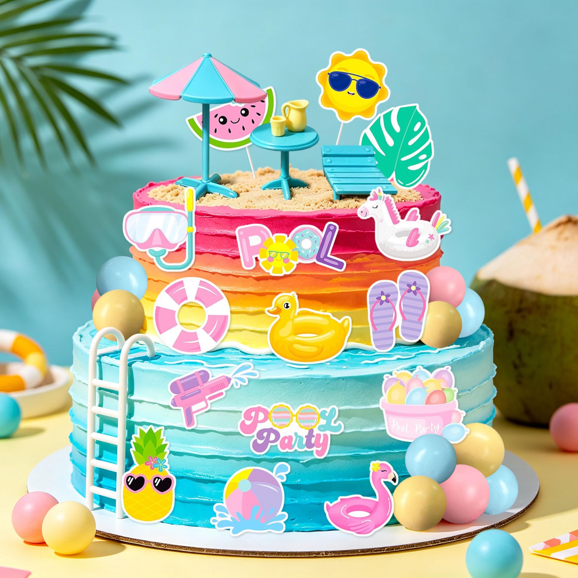 JeVenis Summer Beach Pool Party Birthday Cake Decoration Beach Cake Topper for Swimming Beach Party Birthday Baby Shower Party Supplies