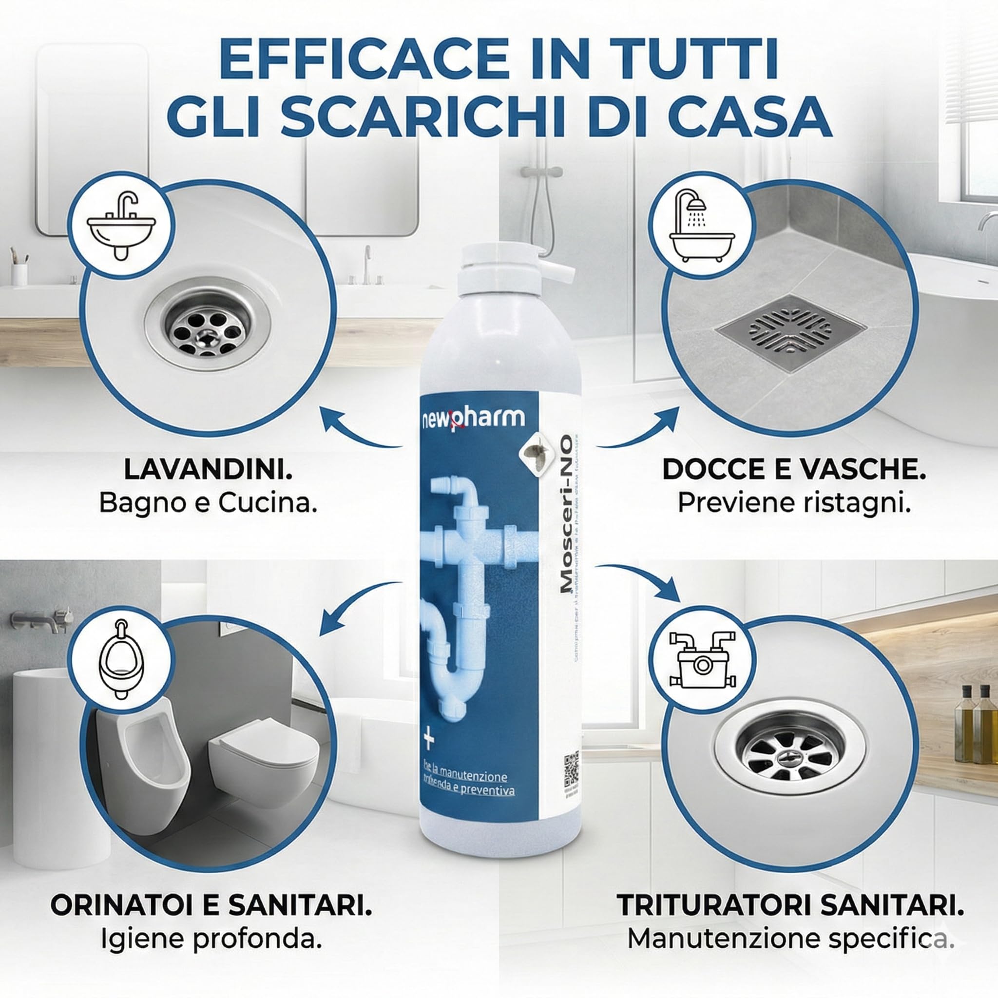 MOSCERI-NO Schiuma Attiva per Tubature – Schiuma Pulisci Tubi Lavandino Anti-Odori e Mosca dei Bagni – Schiuma Pulisci Scarichi Probiotici Biodegradabili – Compatibile Fossa Settica – 500 ml