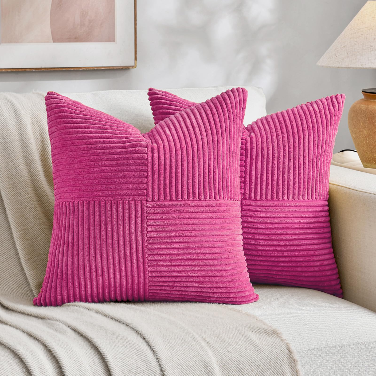 Fancy Homi 2 Packs Hot Pink Decorative Throw Pillow Covers 22x22 Inch for Living Room Couch Bed, Rustic Farmhouse Boho Home Decor, Soft Corss Corduroy Patchwork Accent Square Cushion Case 55x55 cm โ image 1