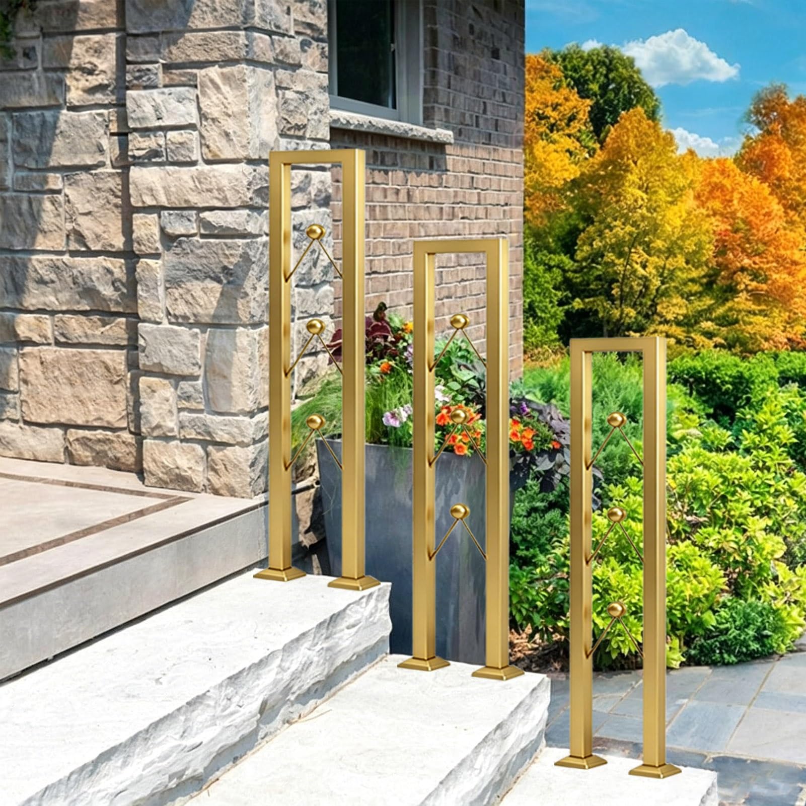 Gaommini Gold Square Tube Stair Banister Railing For Wooden Or Concrete Steps, Black Wrought Iron Balustrade Handrail Guardrail, Non-Slip Hand Rails For Garden Loft Villa