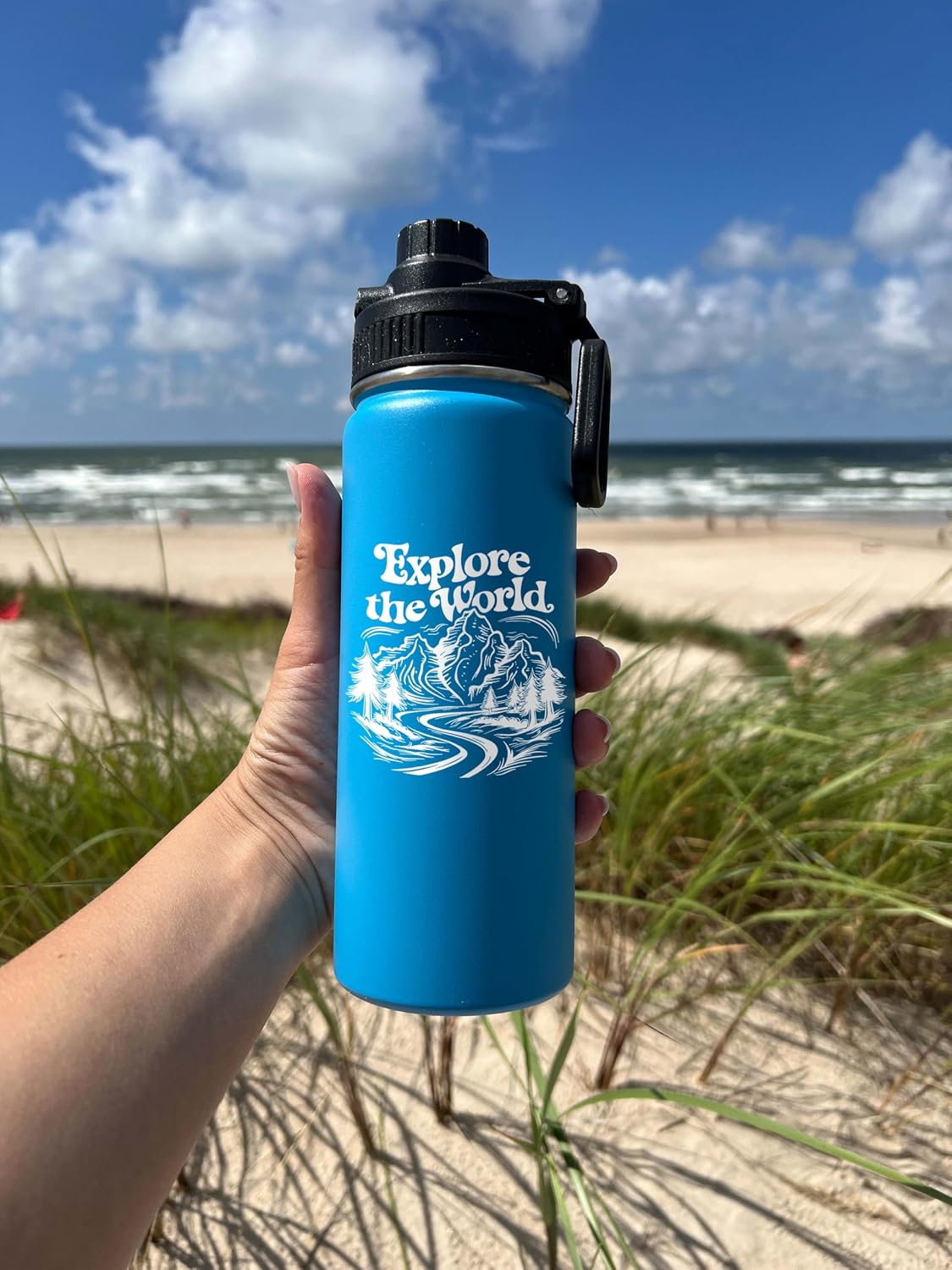 Explore the World Personalized Stainless Steel Sports Hydro Water Bottle, Vacuum-insulated, 18 or 32 oz Size, Keeps Liquids Pipping Hot or Icy Cold! (Straw or Mouthtop). Made In America