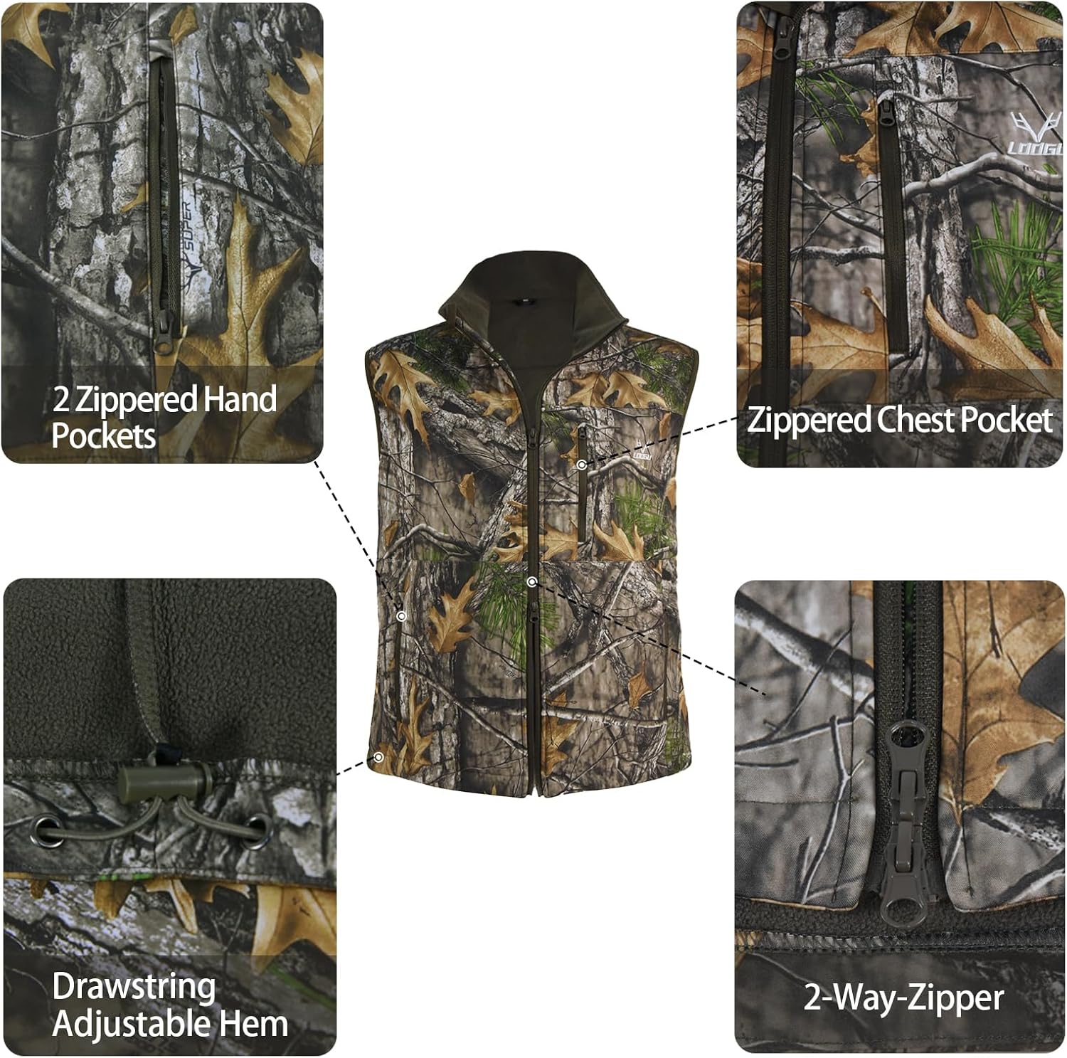 LOOGU Mens Camo Hunting Vest Fleece Lined Water Resistant Outdoor Fishing Outwear - Image 7