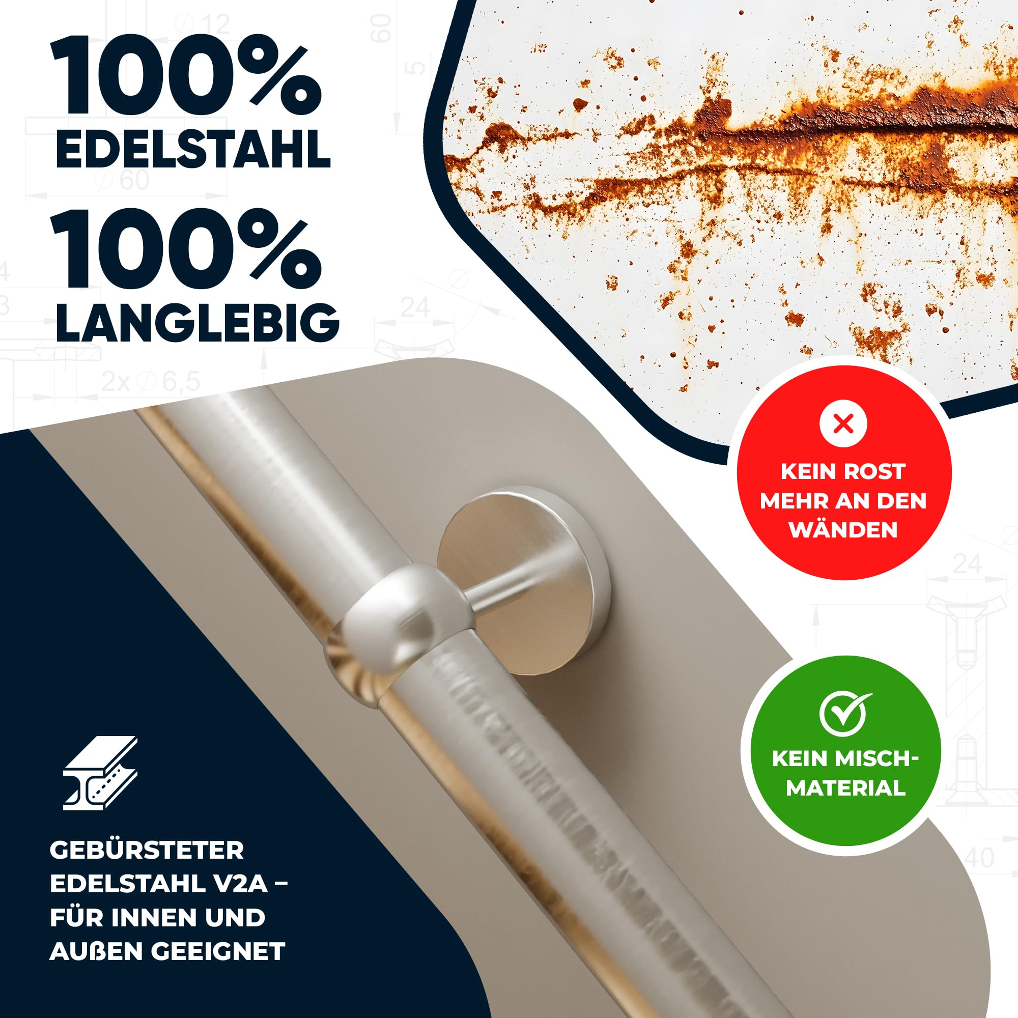 Handlauf Edelstahl Ø 42,4 mm, Markenhandläufe, für Außen- & Innenbereich, Wandhandlauf Brüstung Geländer, 4 verschiedene Varianten