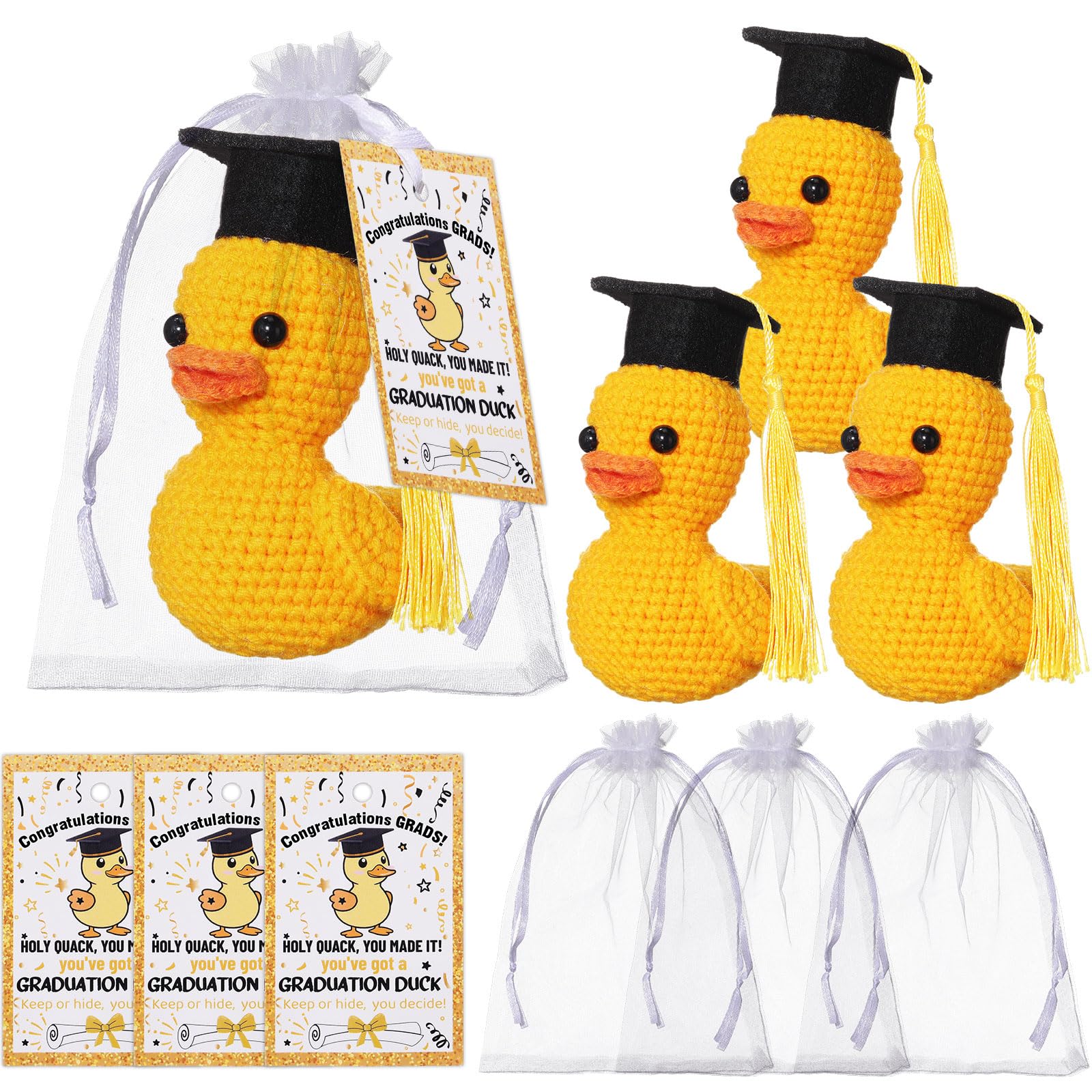 Gerrii 3 Pack 2025 Graduation Gift Grad Crochet Duck Decoration with Congratulation Cards Organza Bags Graduation Gifts for Her Him Middle High School