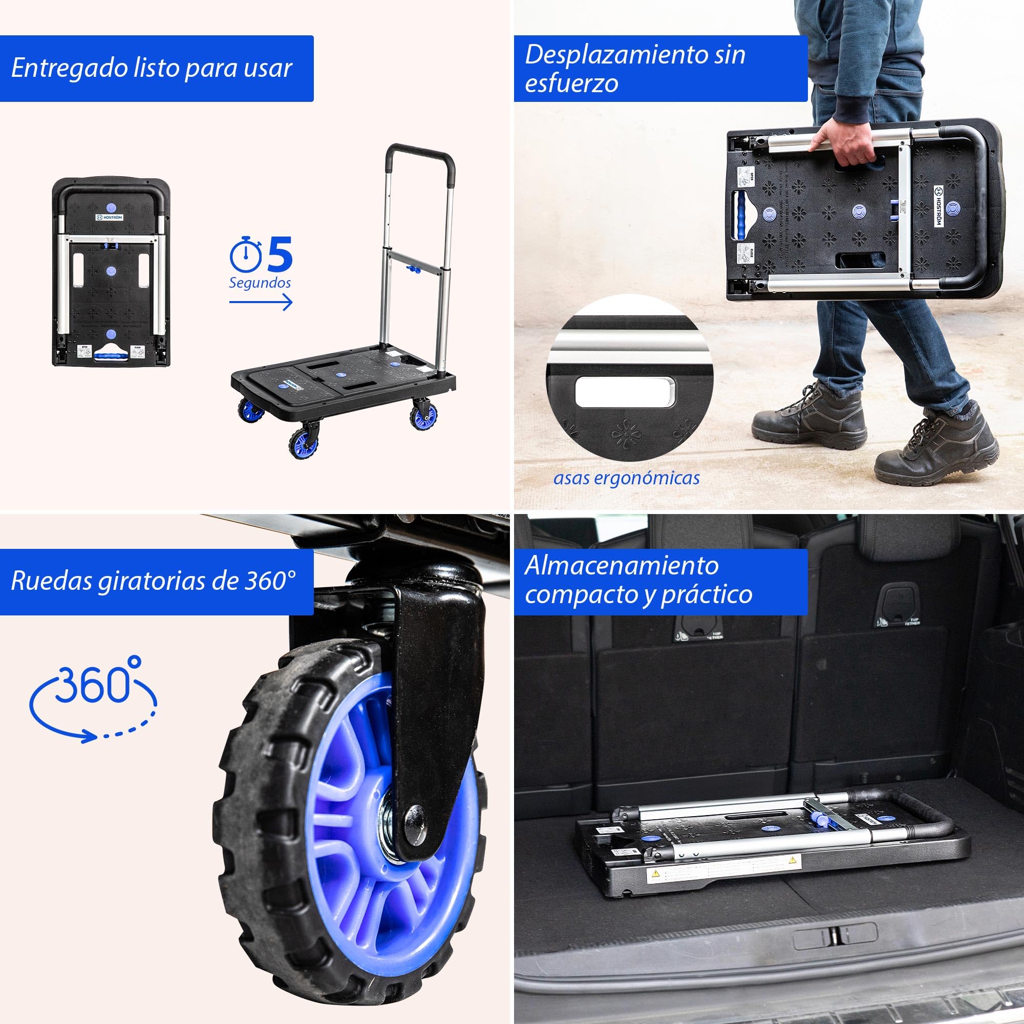 HOSTRÖM Carro con Ruedas, Carro de Almacenamiento Plegable, traslado, Transporte Material, asa telescópica, Carga máx. 137 kg,