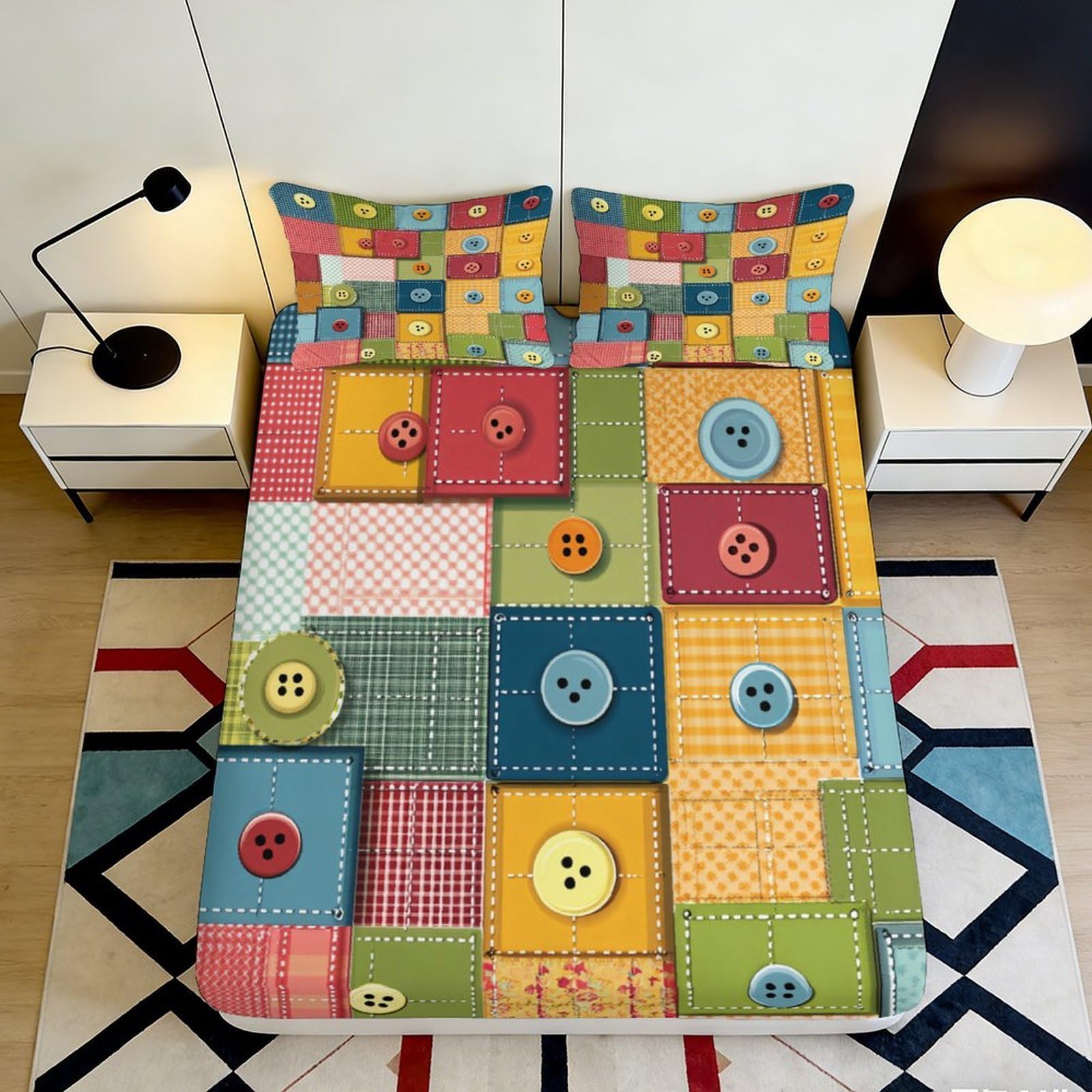 3D Printed Colorful Patchwork Buttons Fitted Sheet Microfiber Soft Breathable Geometric Bed Cover for Bedroom Dormitory Guest Room Mattress Protection 120x200x25cm