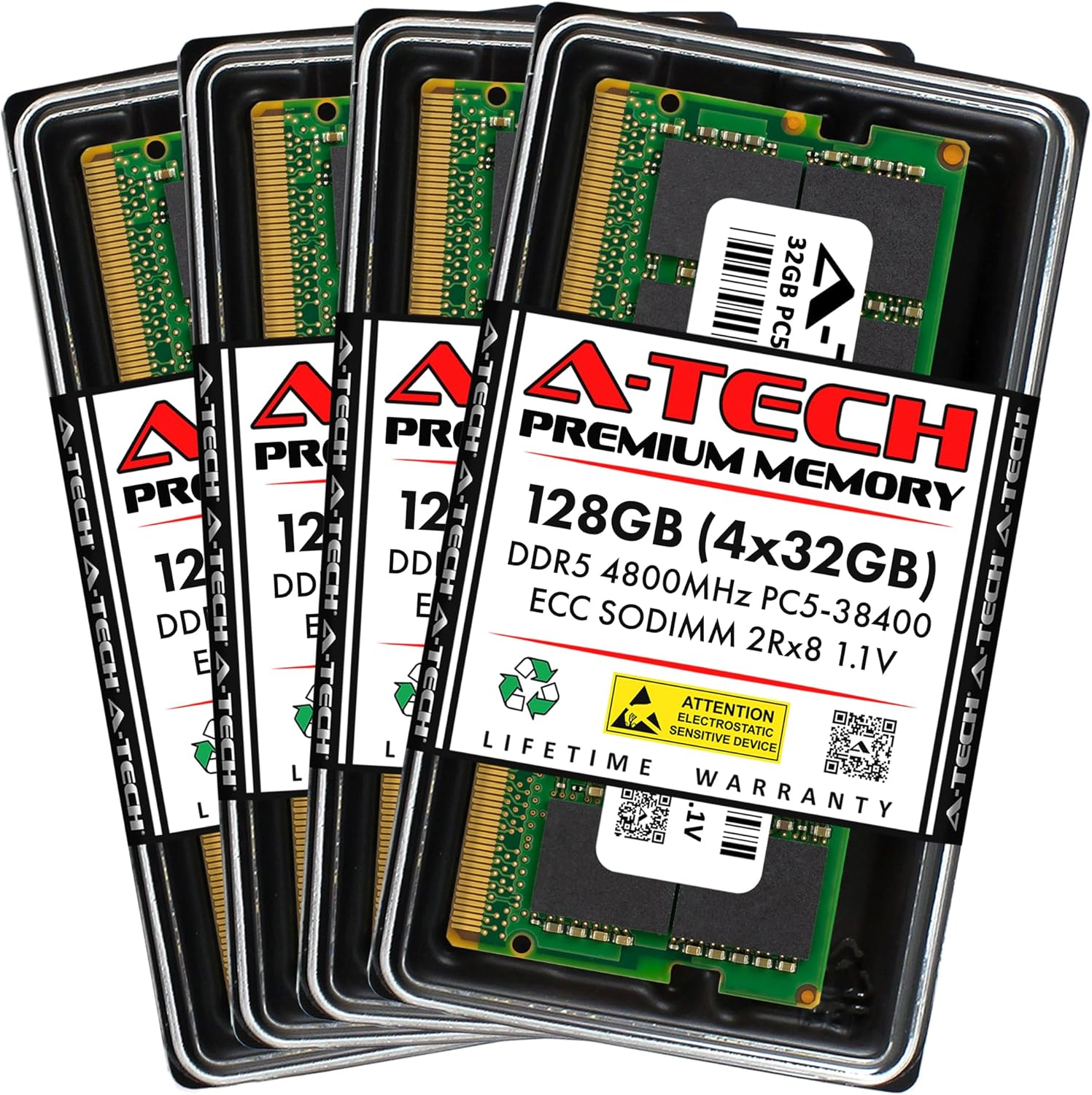 A-Tech 128GB Kit (4x32GB) DDR5 4800MHz PC5-38400 ECC SODIMM 2Rx8 (EC4 9x4) Dual Rank 1.1V 262-Pin RAM Memory Upgrade Modules for Microserver, Workstation, and Networking Platforms