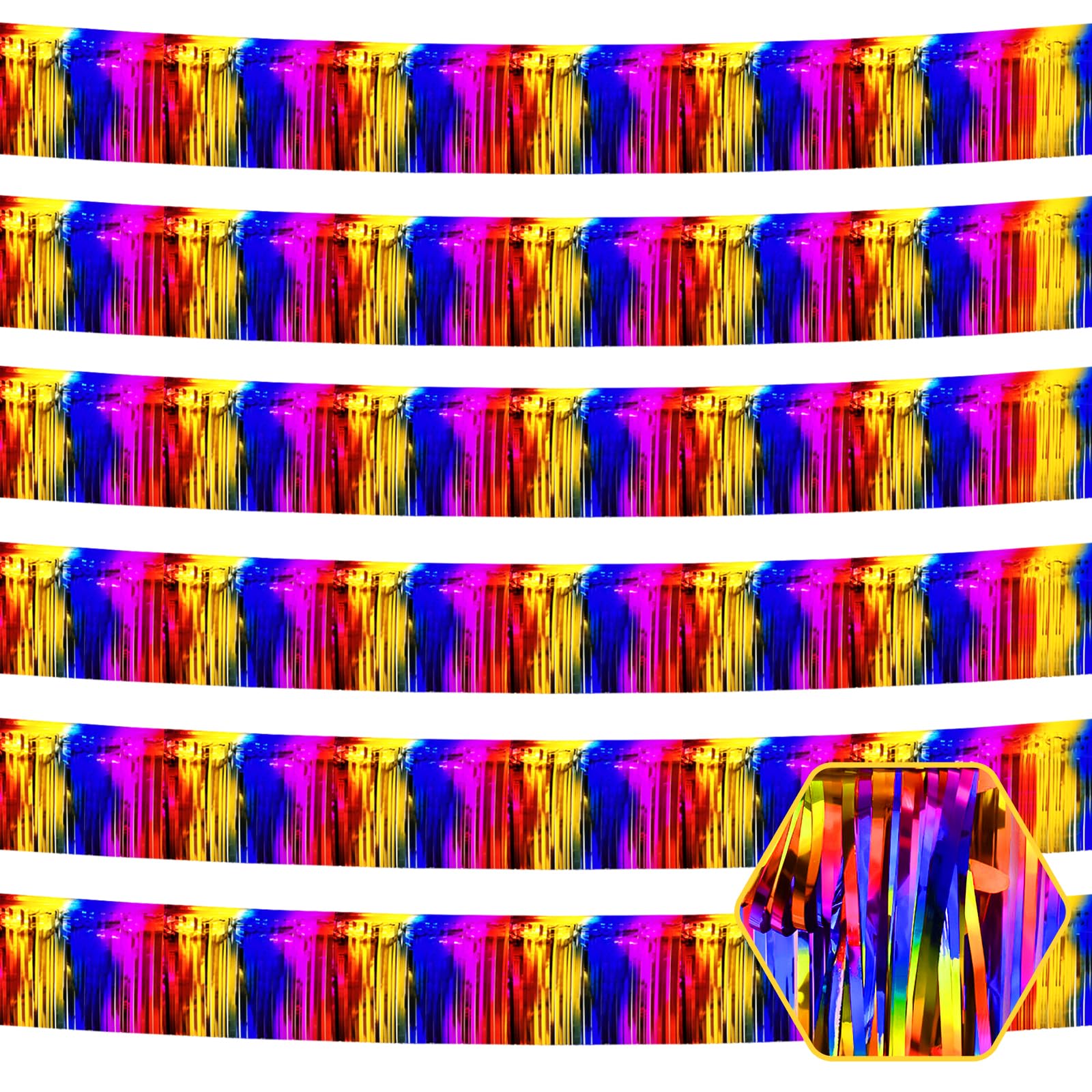 6 Pack 10 Feet Rainbow Foil Fringe Garland Metallic Tinsel Streamers Banner Wall Hanging Curtain Backdrop for Parade Floats, Birthday, Graduate, Mother's Day, Wedding Party Decoration
