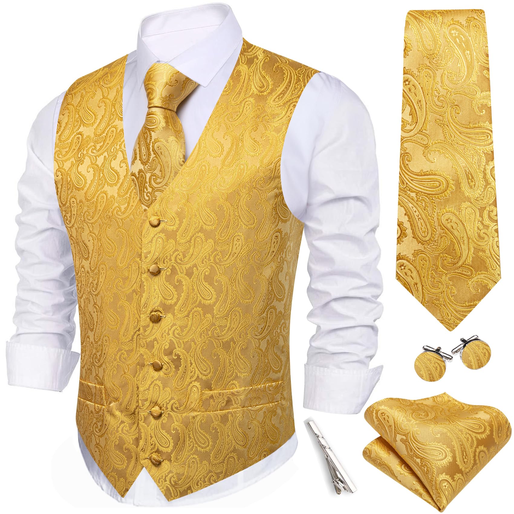 Barry.Wang Mens Suit Vest Floral Silk Waistcoat Ties Formal/Leisure 5PCS
